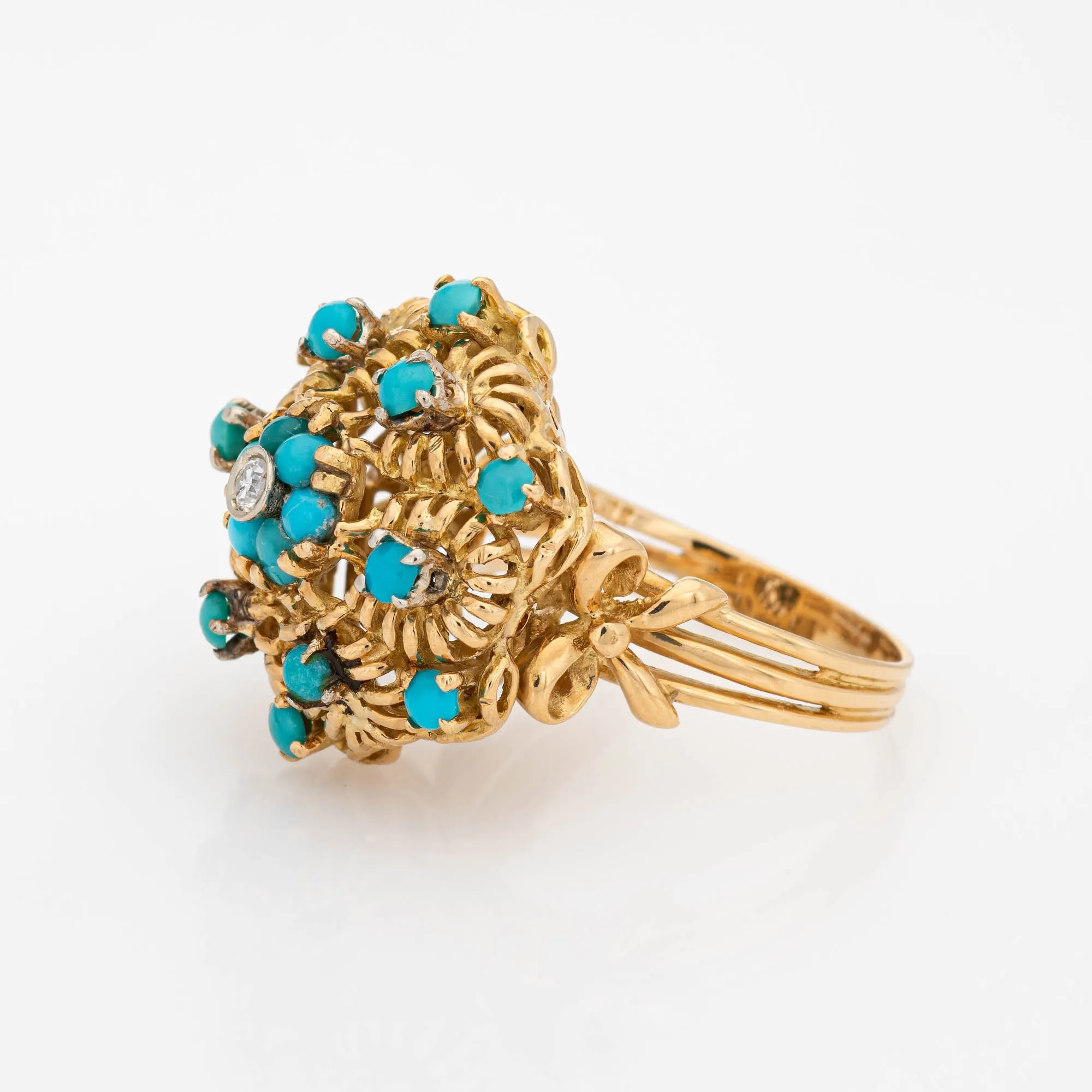 Turquoise Diamond Cluster Ring Vintage 18k Yellow Gold Large Dome Jewelry 7.5