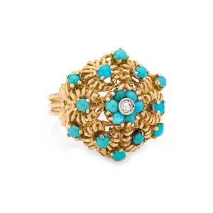 Turquoise Diamond Cluster Ring Vintage 18k Yellow Gold Large Dome Jewelry 7.5
