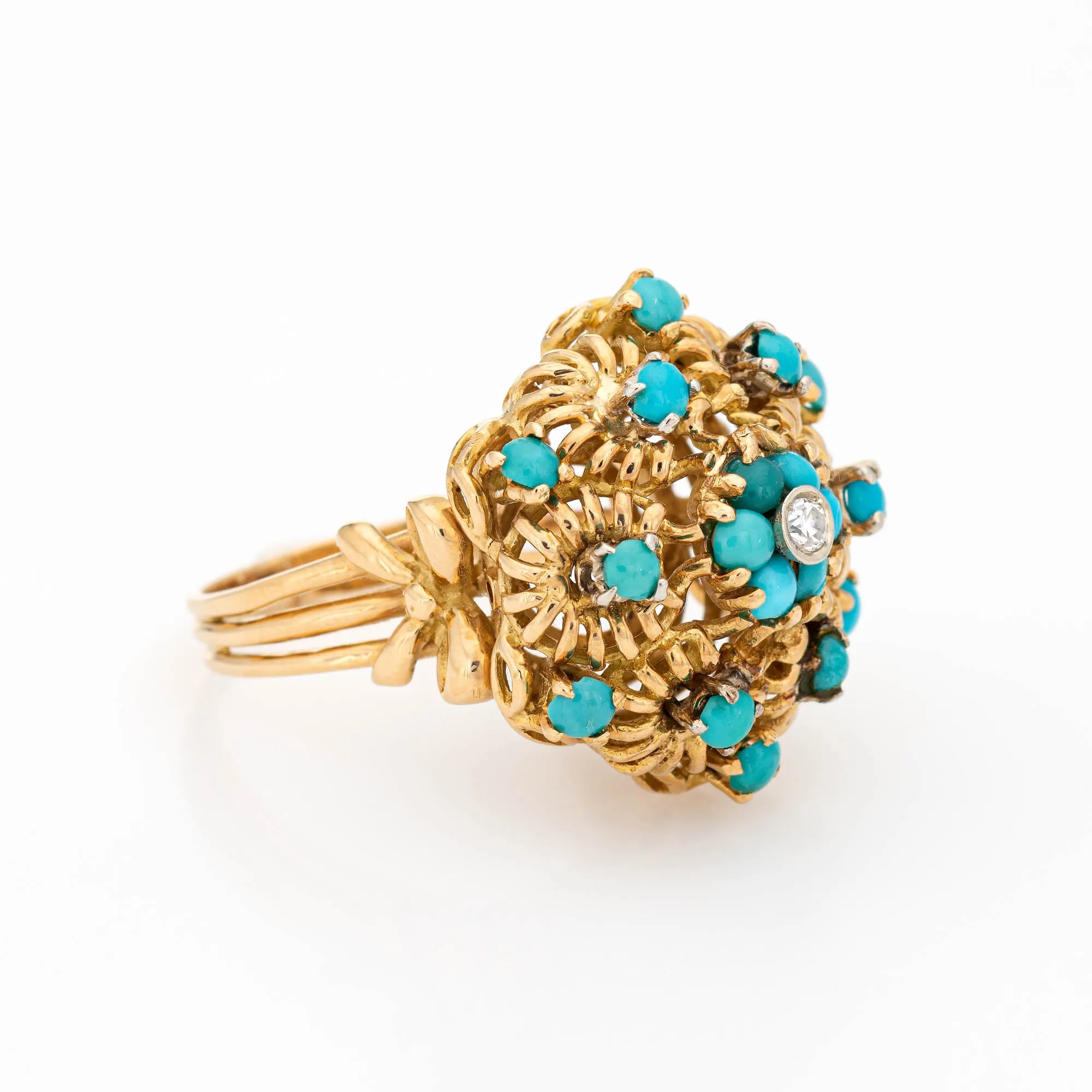 Turquoise Diamond Cluster Ring Vintage 18k Yellow Gold Large Dome Jewelry 7.5