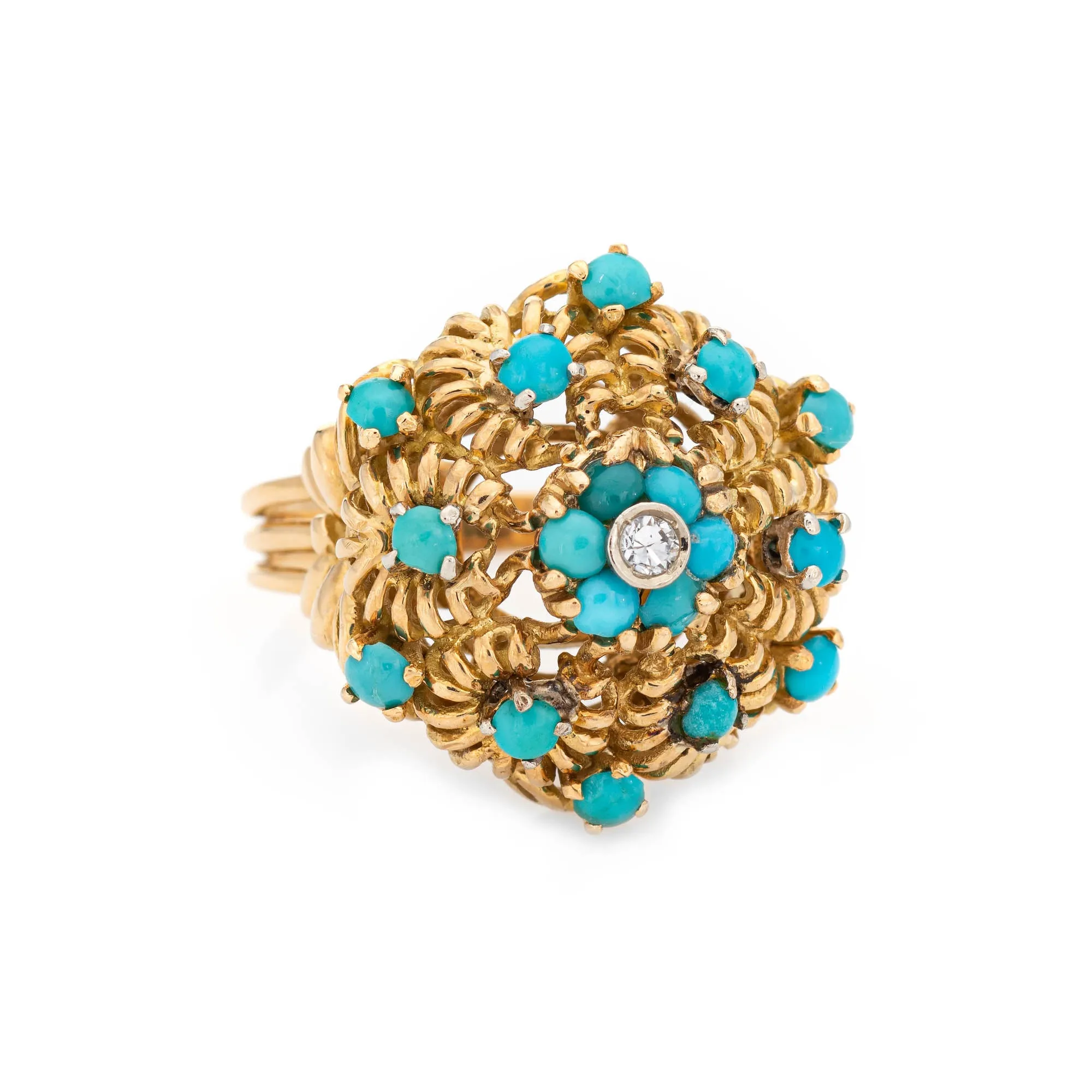 Turquoise Diamond Cluster Ring Vintage 18k Yellow Gold Large Dome Jewelry 7.5