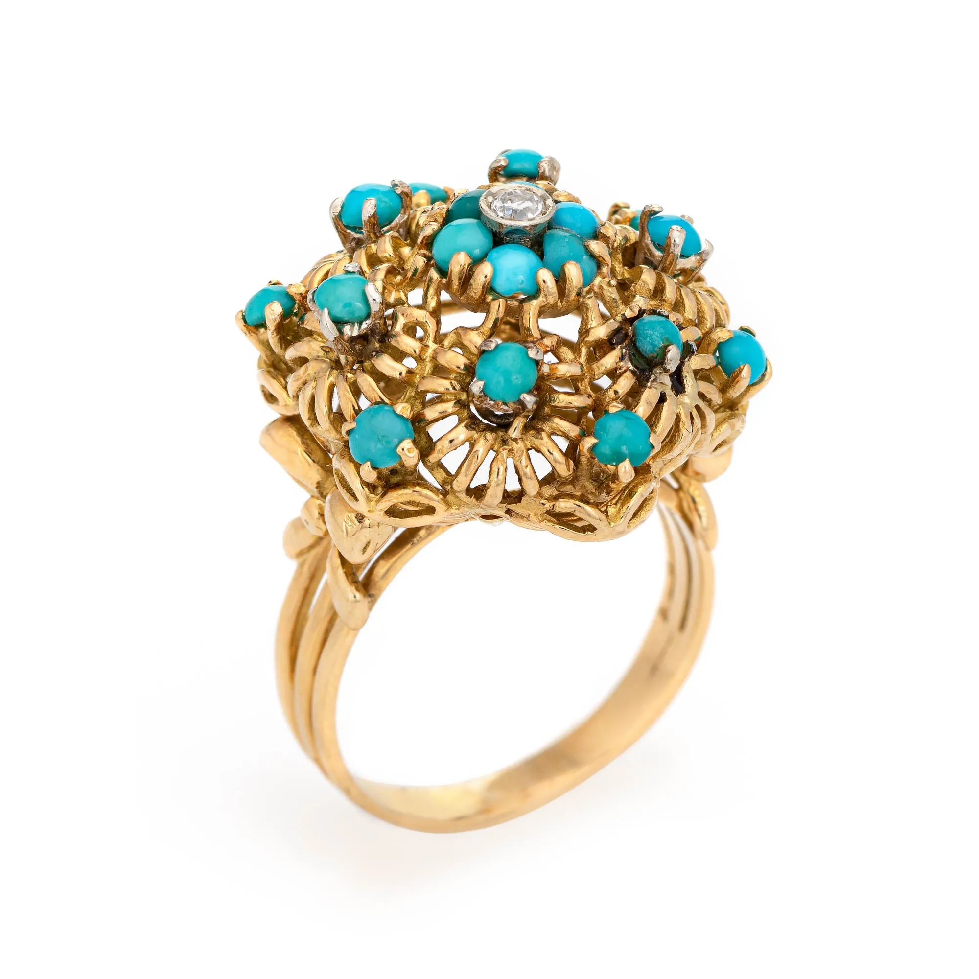 Turquoise Diamond Cluster Ring Vintage 18k Yellow Gold Large Dome Jewelry 7.5