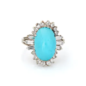 Turquoise Diamond Ring Vintage 14k White Gold Cocktail Jewelry Mid Century 5.75