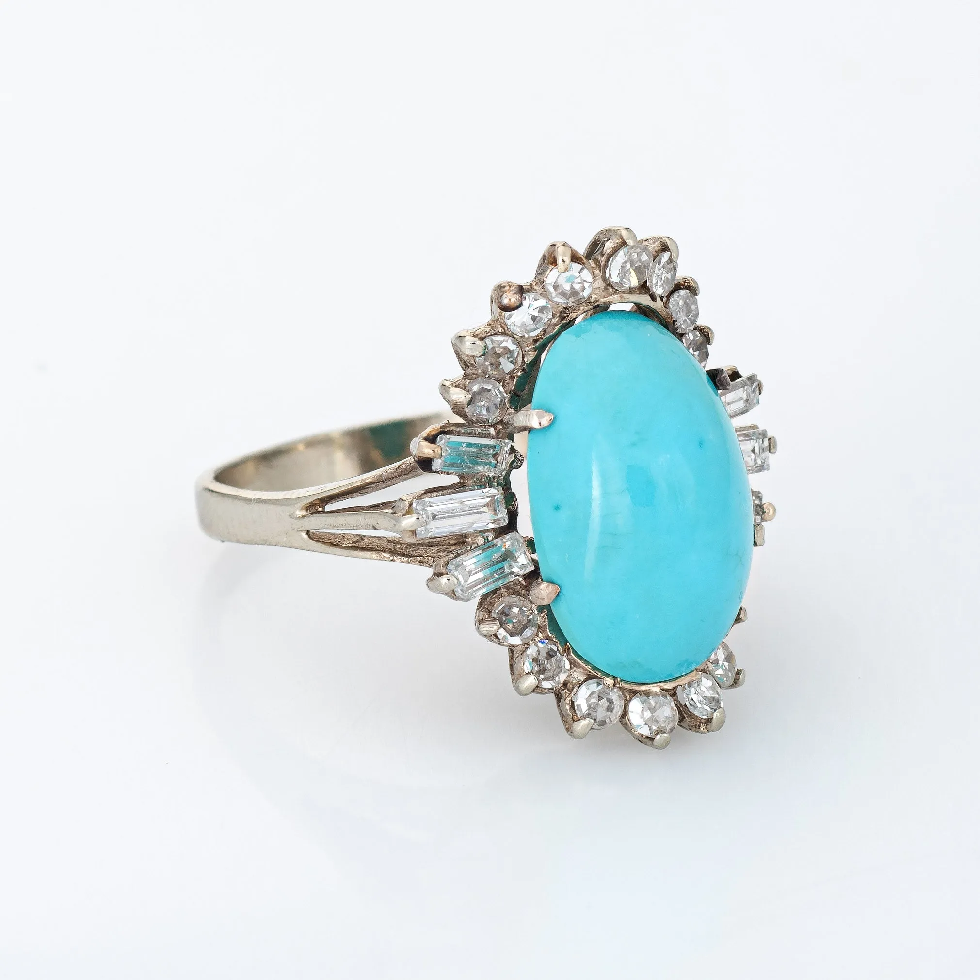 Turquoise Diamond Ring Vintage 14k White Gold Cocktail Jewelry Mid Century 5.75