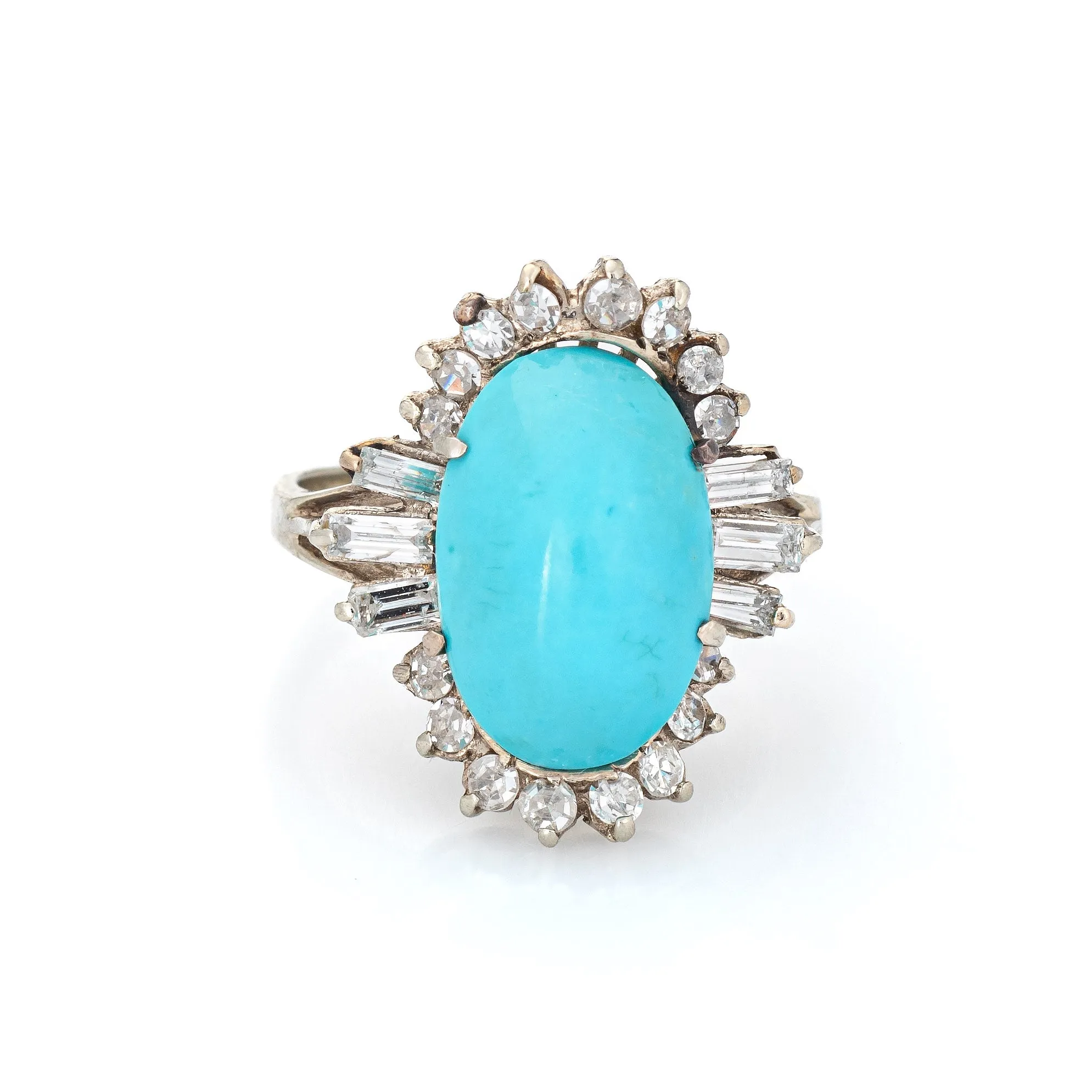Turquoise Diamond Ring Vintage 14k White Gold Cocktail Jewelry Mid Century 5.75