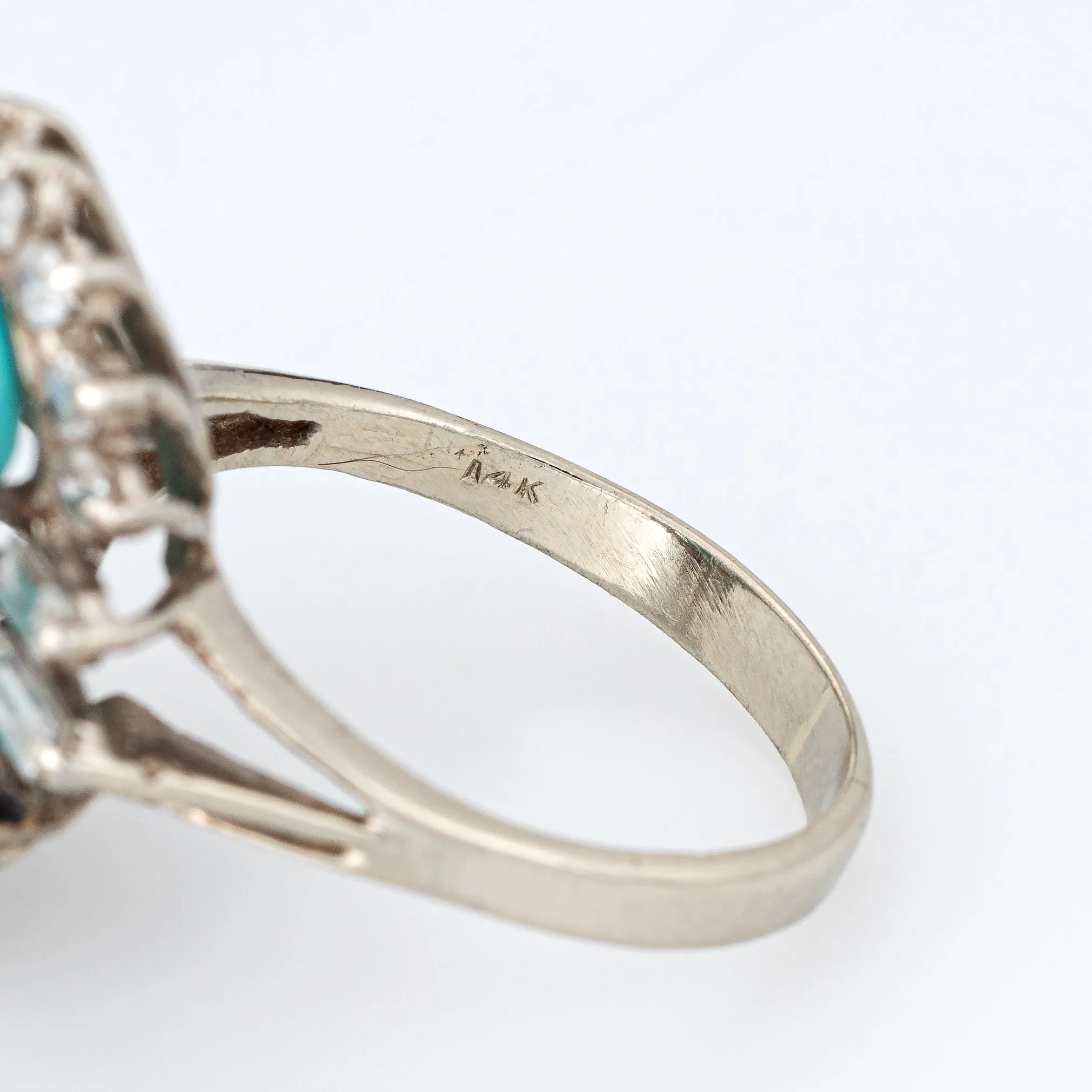 Turquoise Diamond Ring Vintage 14k White Gold Cocktail Jewelry Mid Century 5.75