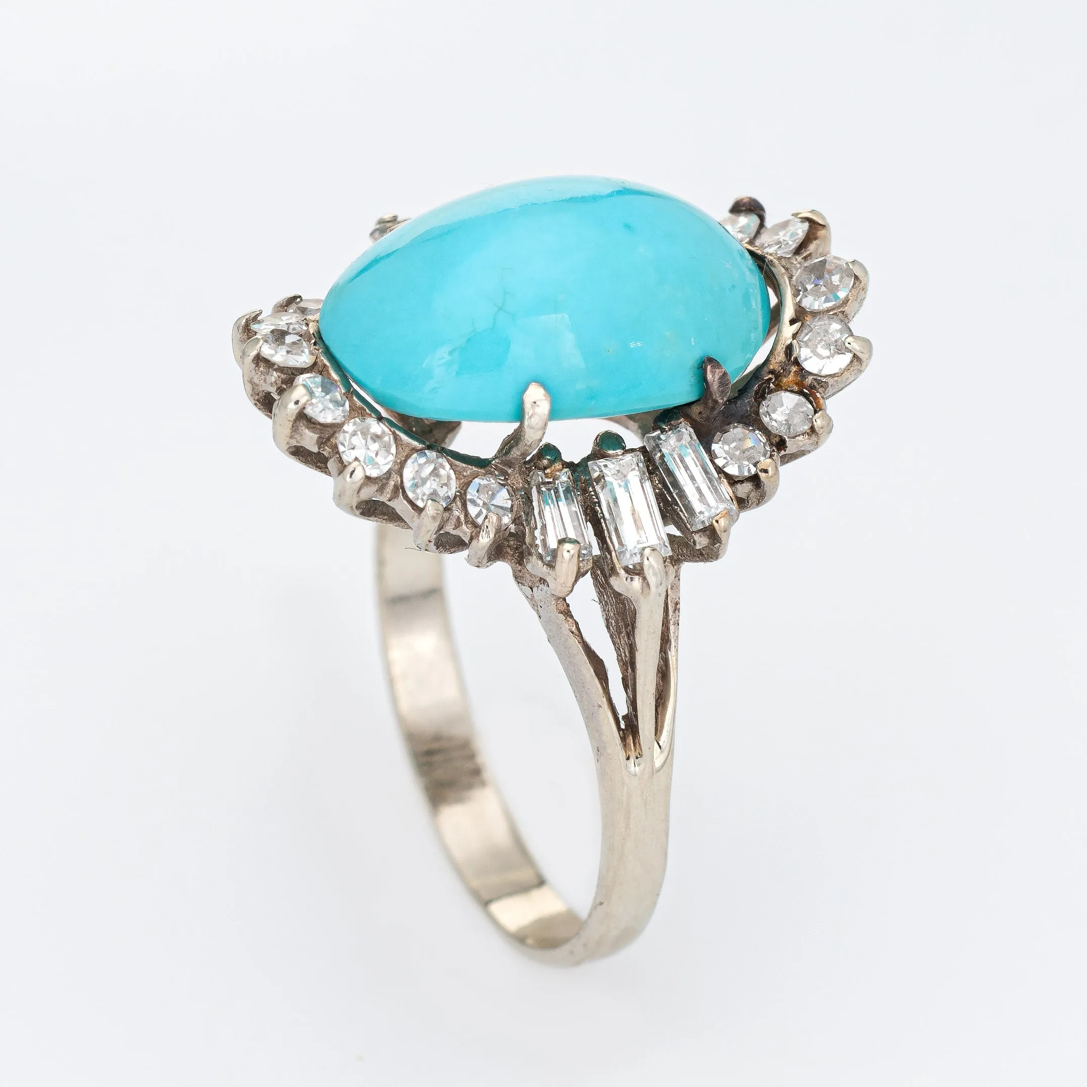 Turquoise Diamond Ring Vintage 14k White Gold Cocktail Jewelry Mid Century 5.75