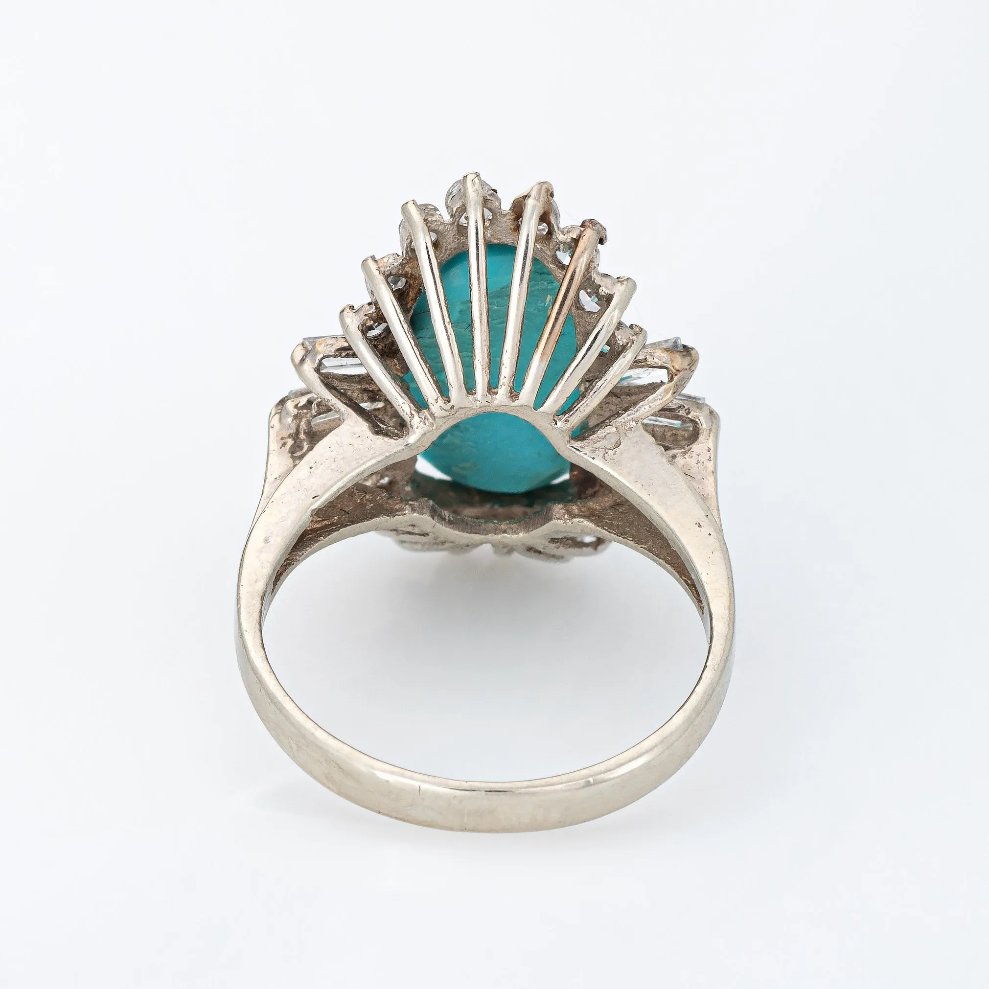 Turquoise Diamond Ring Vintage 14k White Gold Cocktail Jewelry Mid Century 5.75