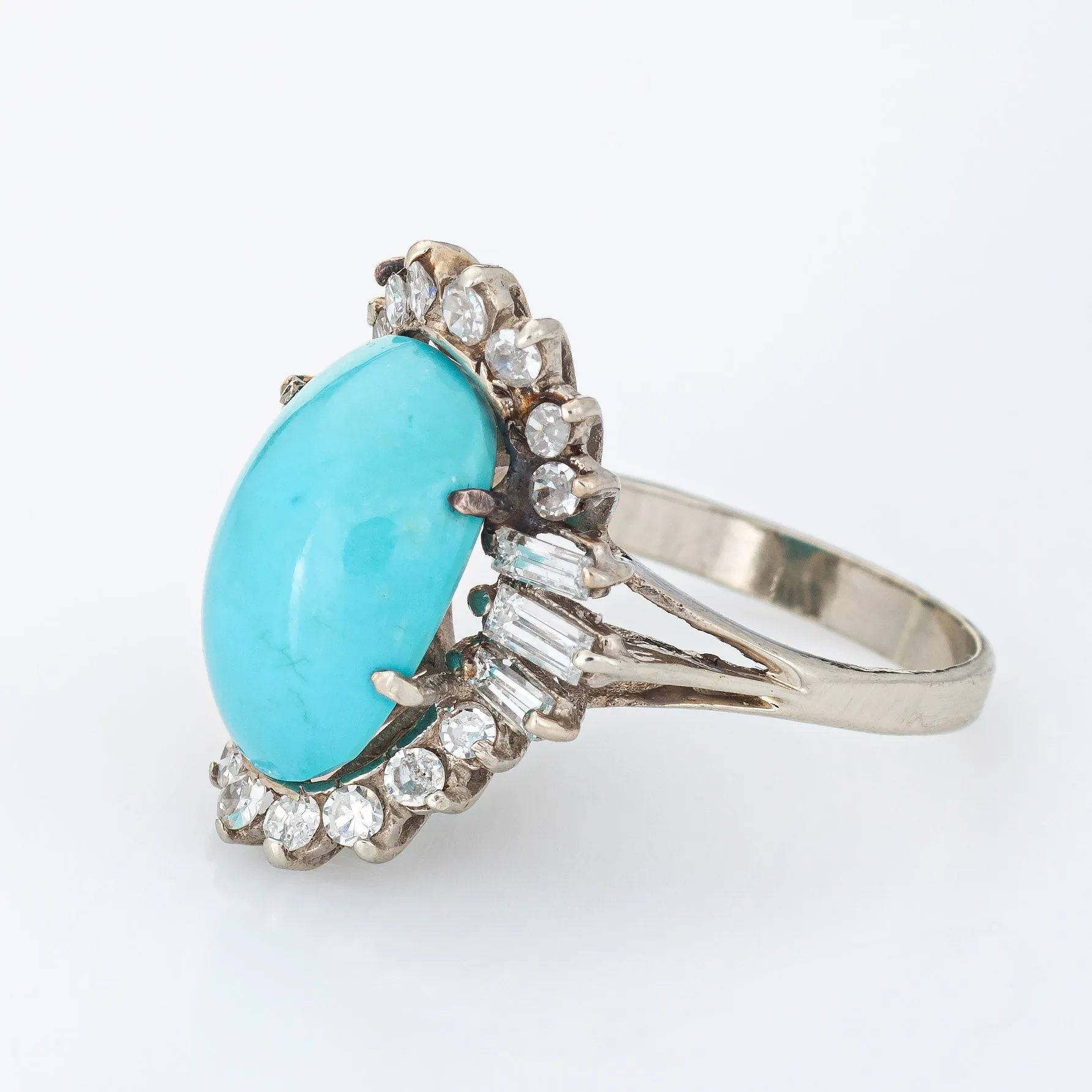 Turquoise Diamond Ring Vintage 14k White Gold Cocktail Jewelry Mid Century 5.75