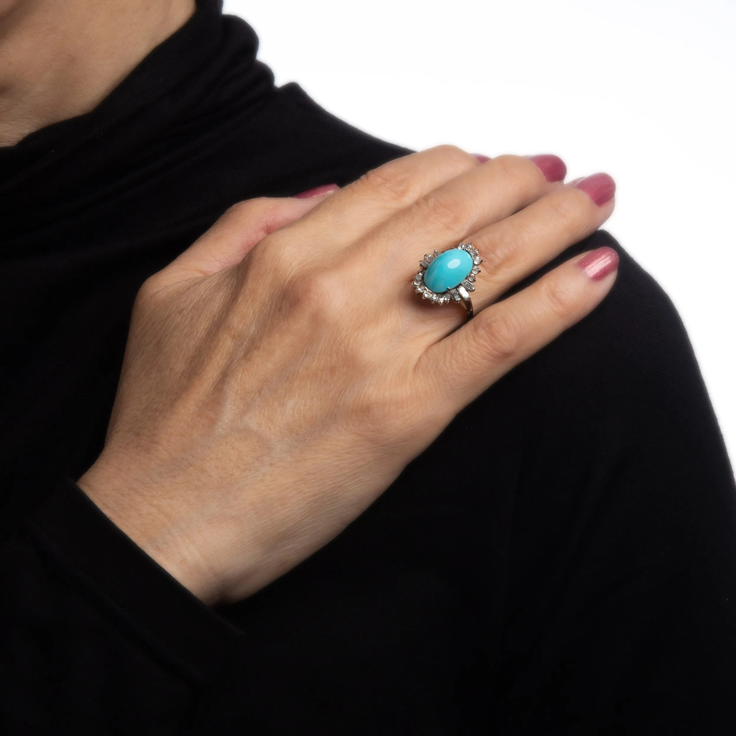 Turquoise Diamond Ring Vintage 14k White Gold Cocktail Jewelry Mid Century 5.75