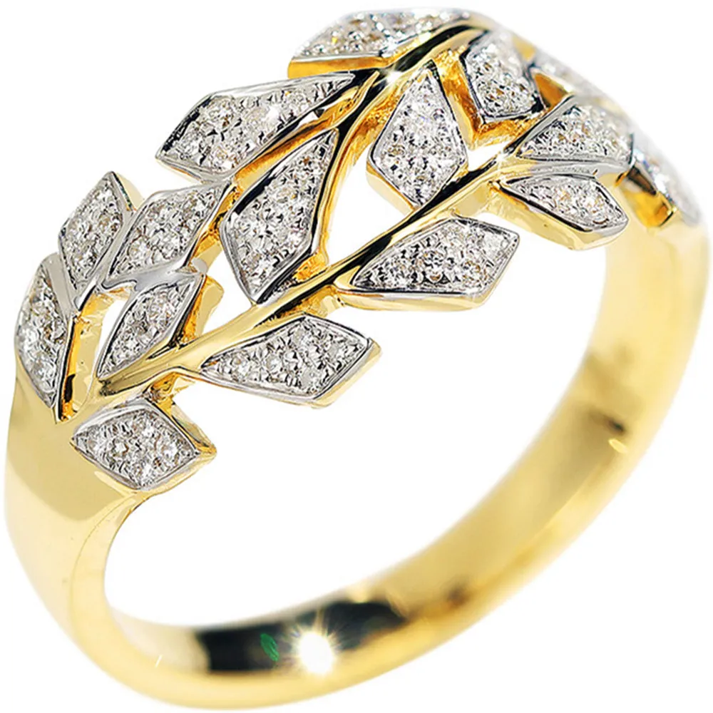 Two Tone Gold Diamond Leaves Branch Ring