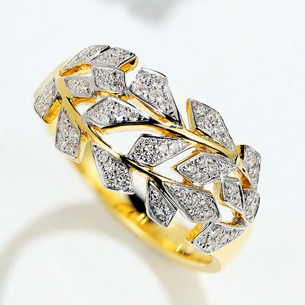 Two Tone Gold Diamond Leaves Branch Ring
