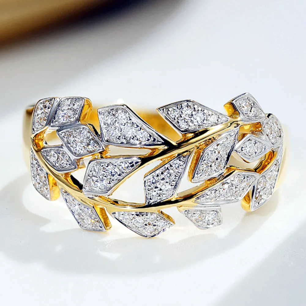 Two Tone Gold Diamond Leaves Branch Ring