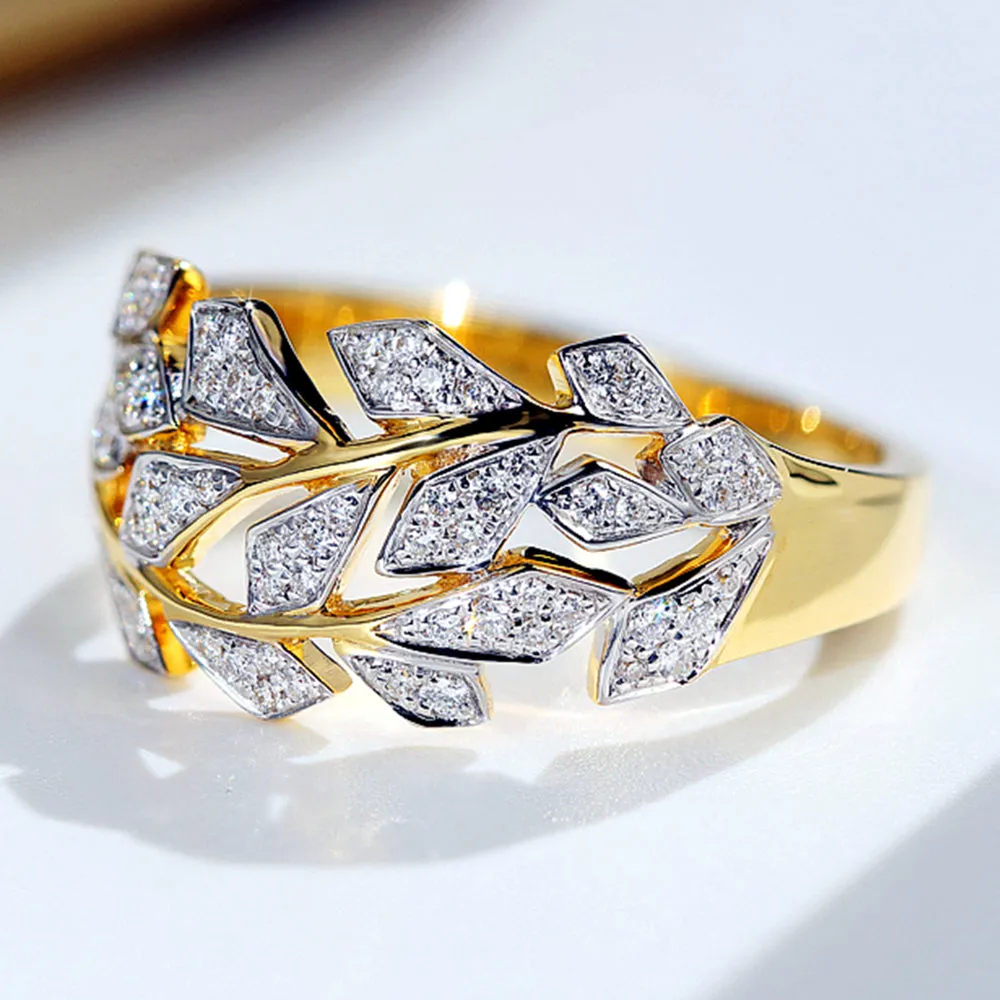 Two Tone Gold Diamond Leaves Branch Ring