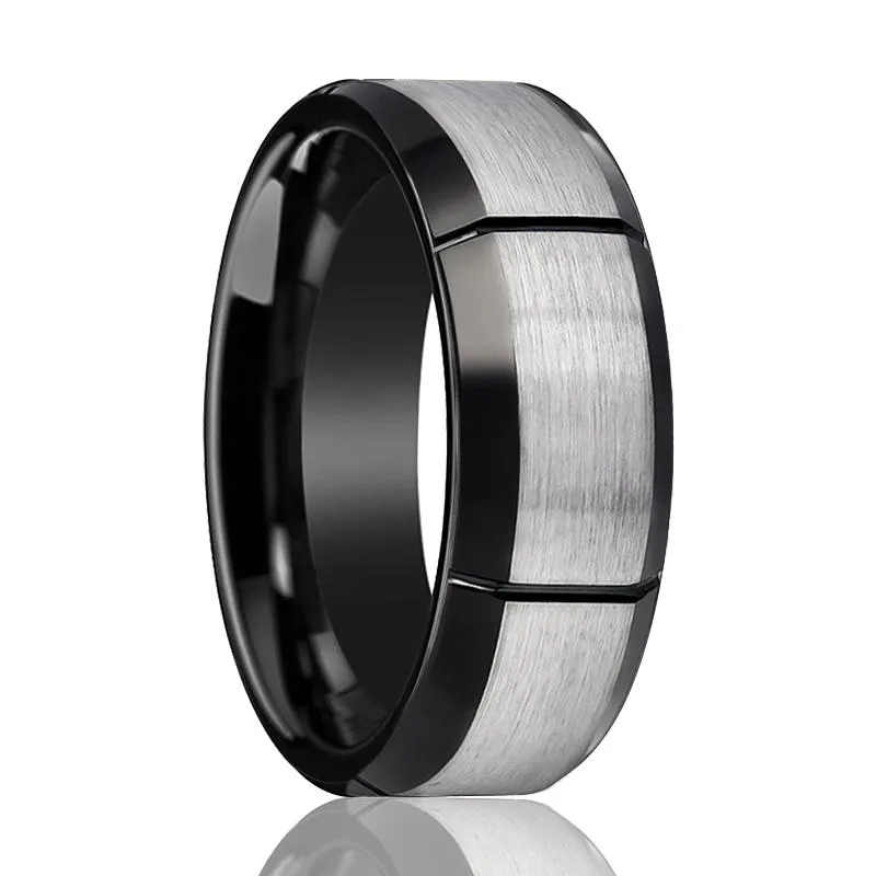 Two Tone Tungsten Men's Pinky Ring with Multiple Brushed Vertical Grooves Beveled Edges - 8MM
