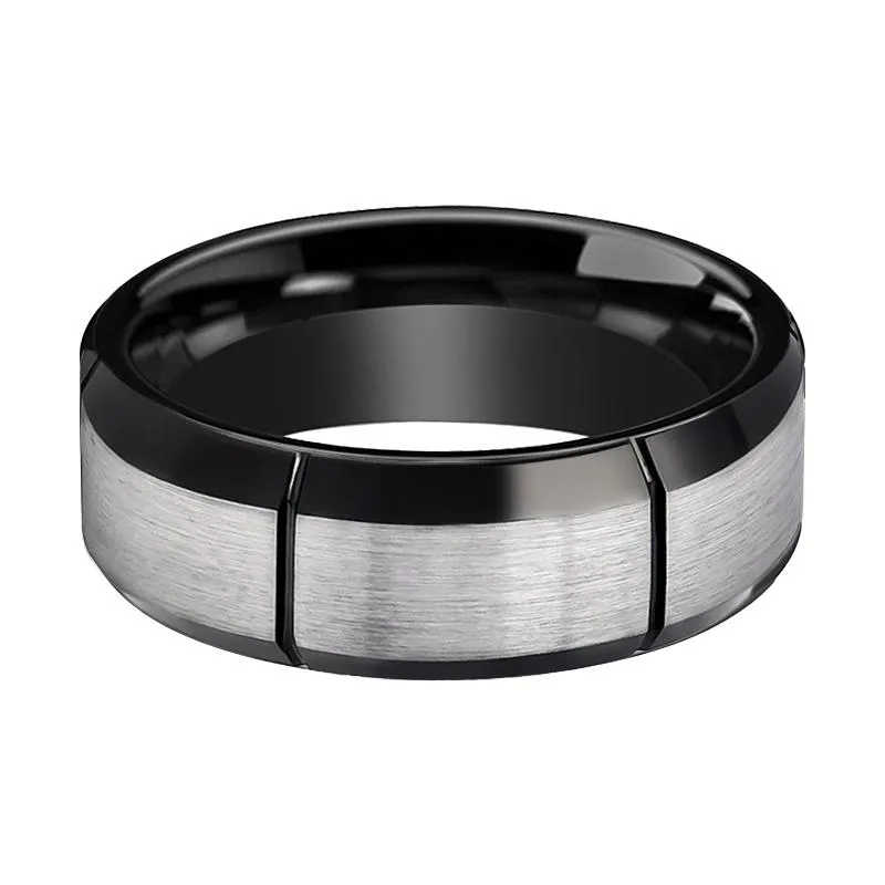 Two Tone Tungsten Men's Pinky Ring with Multiple Brushed Vertical Grooves Beveled Edges - 8MM