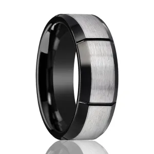 Two Tone Tungsten Men's Pinky Ring with Multiple Brushed Vertical Grooves Beveled Edges - 8MM