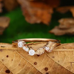 unique stacking matching 14 rose gold moissanite wedding ring curved v shaped  leaf moissanite  ring