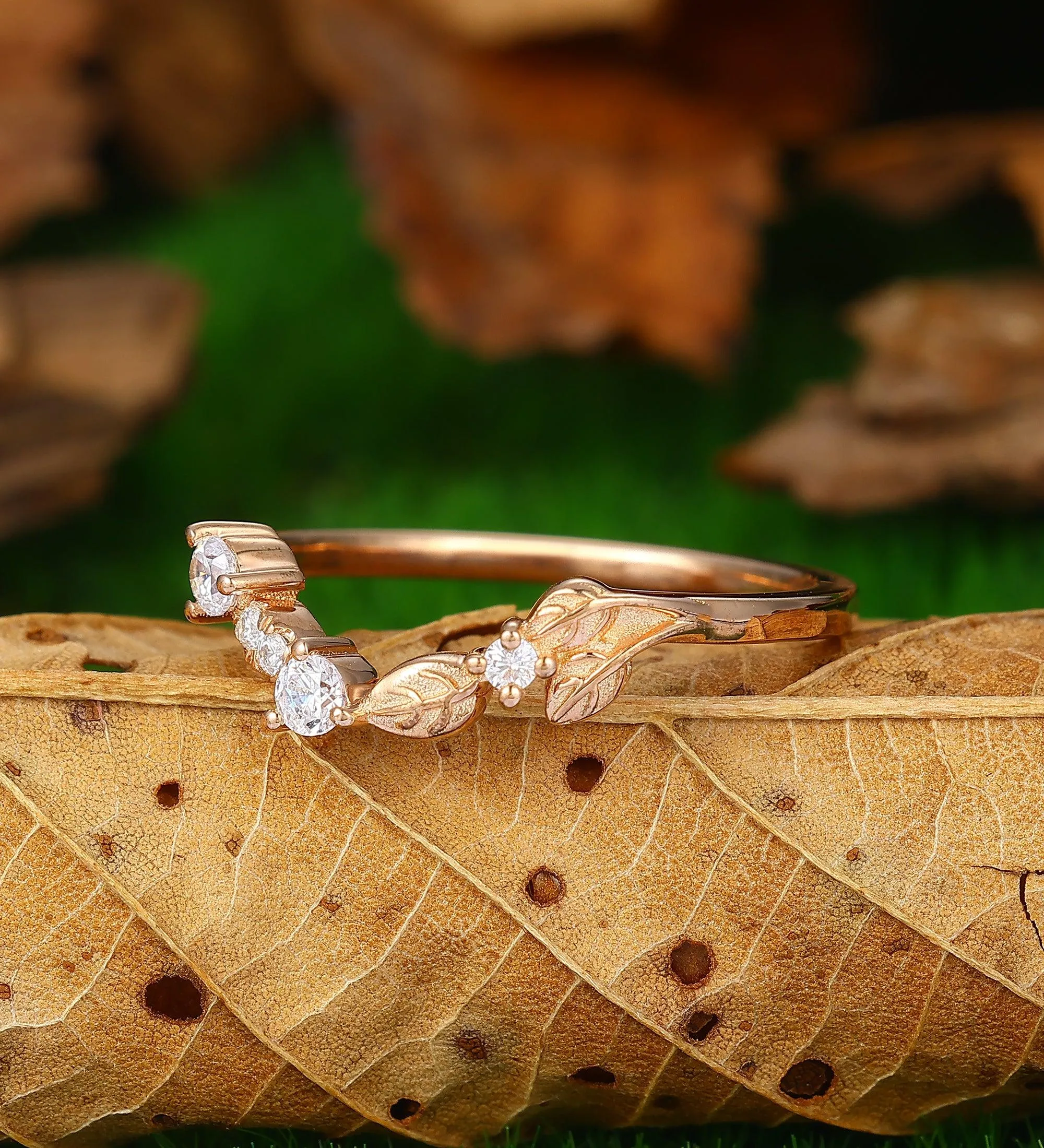 unique stacking matching 14 rose gold moissanite wedding ring curved v shaped  leaf moissanite  ring