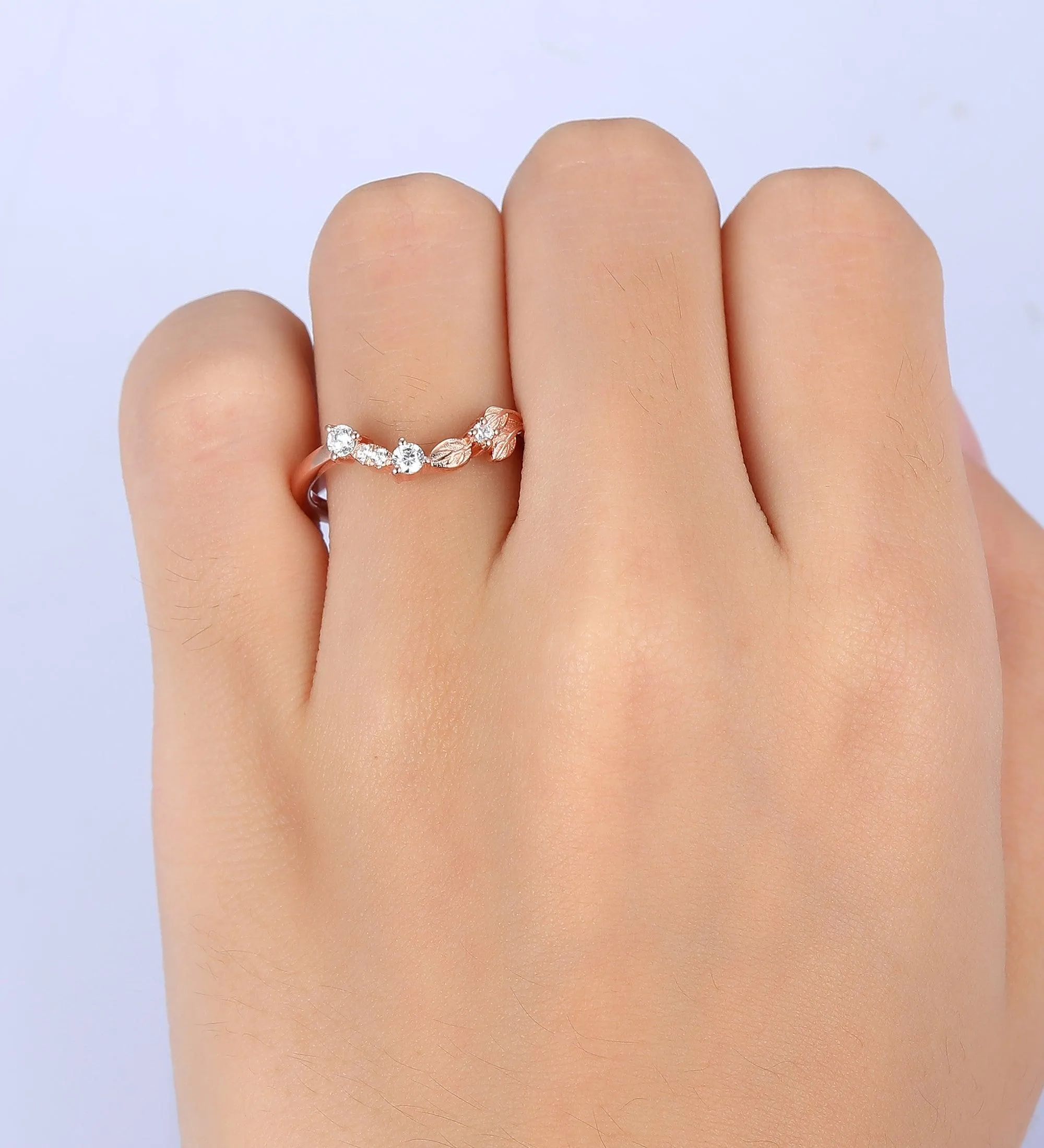 unique stacking matching 14 rose gold moissanite wedding ring curved v shaped  leaf moissanite  ring