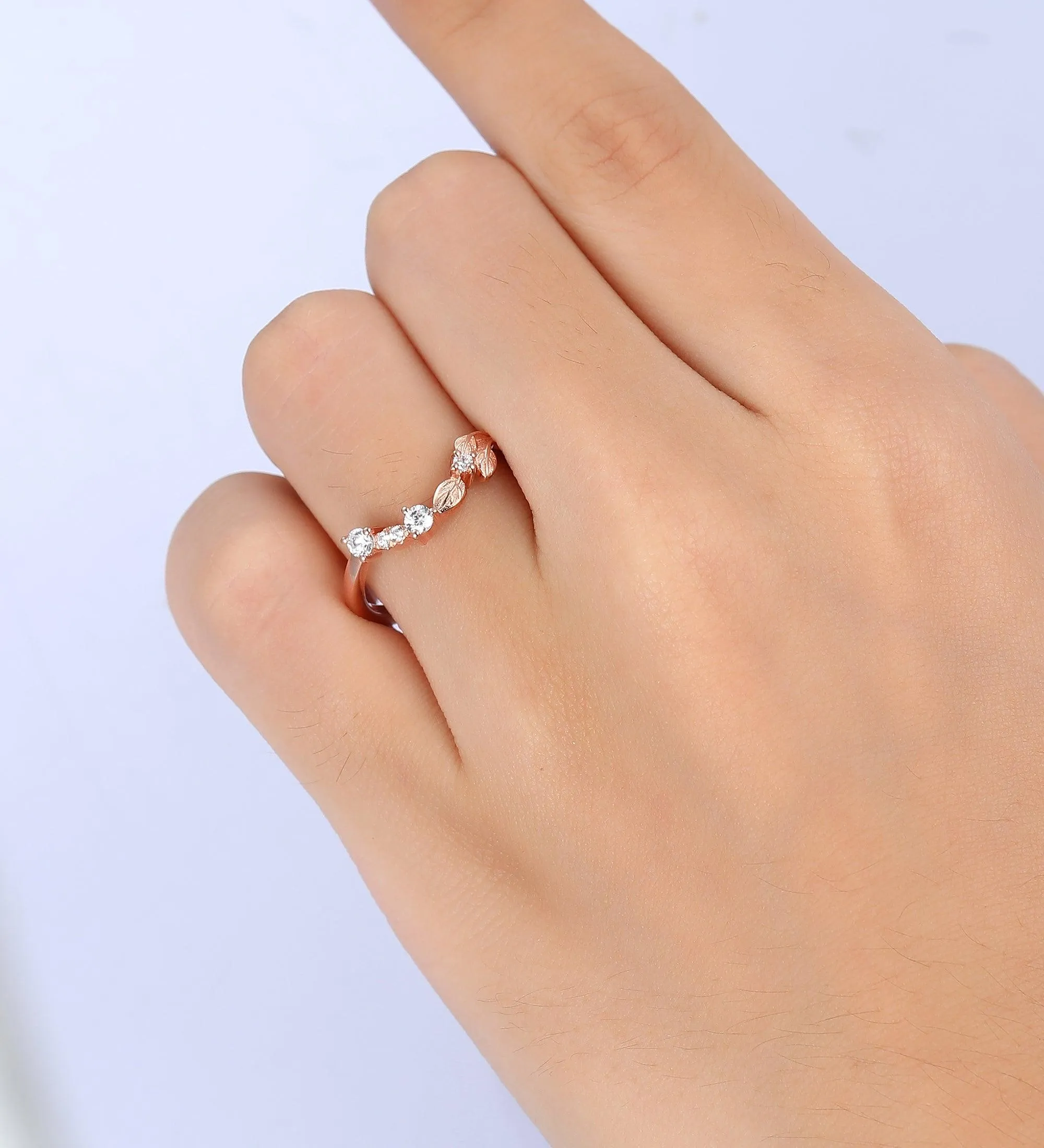 unique stacking matching 14 rose gold moissanite wedding ring curved v shaped  leaf moissanite  ring