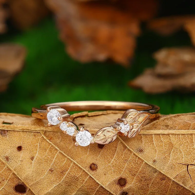 unique stacking matching 14 rose gold moissanite wedding ring curved v shaped  leaf moissanite  ring