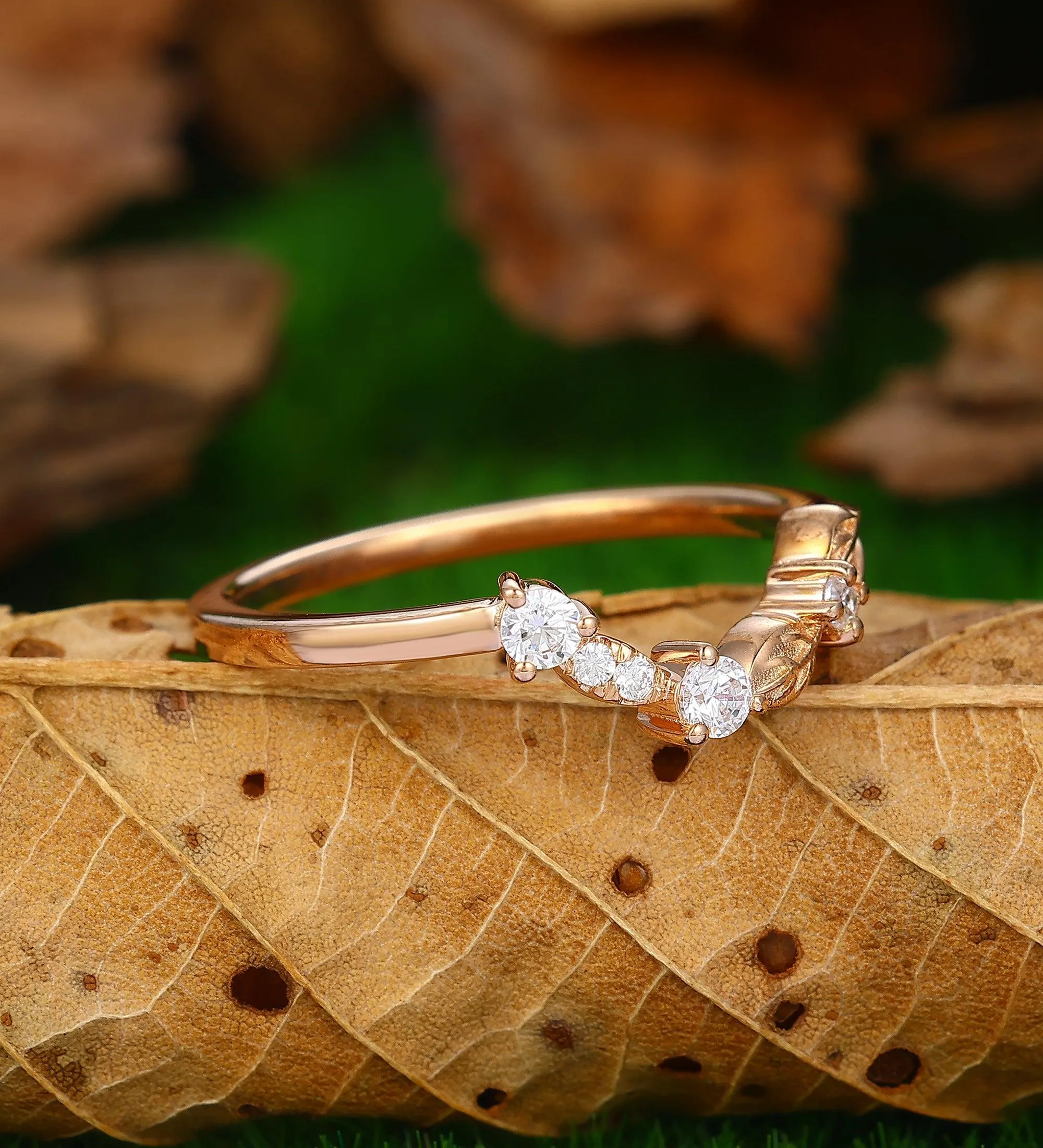 unique stacking matching 14 rose gold moissanite wedding ring curved v shaped  leaf moissanite  ring