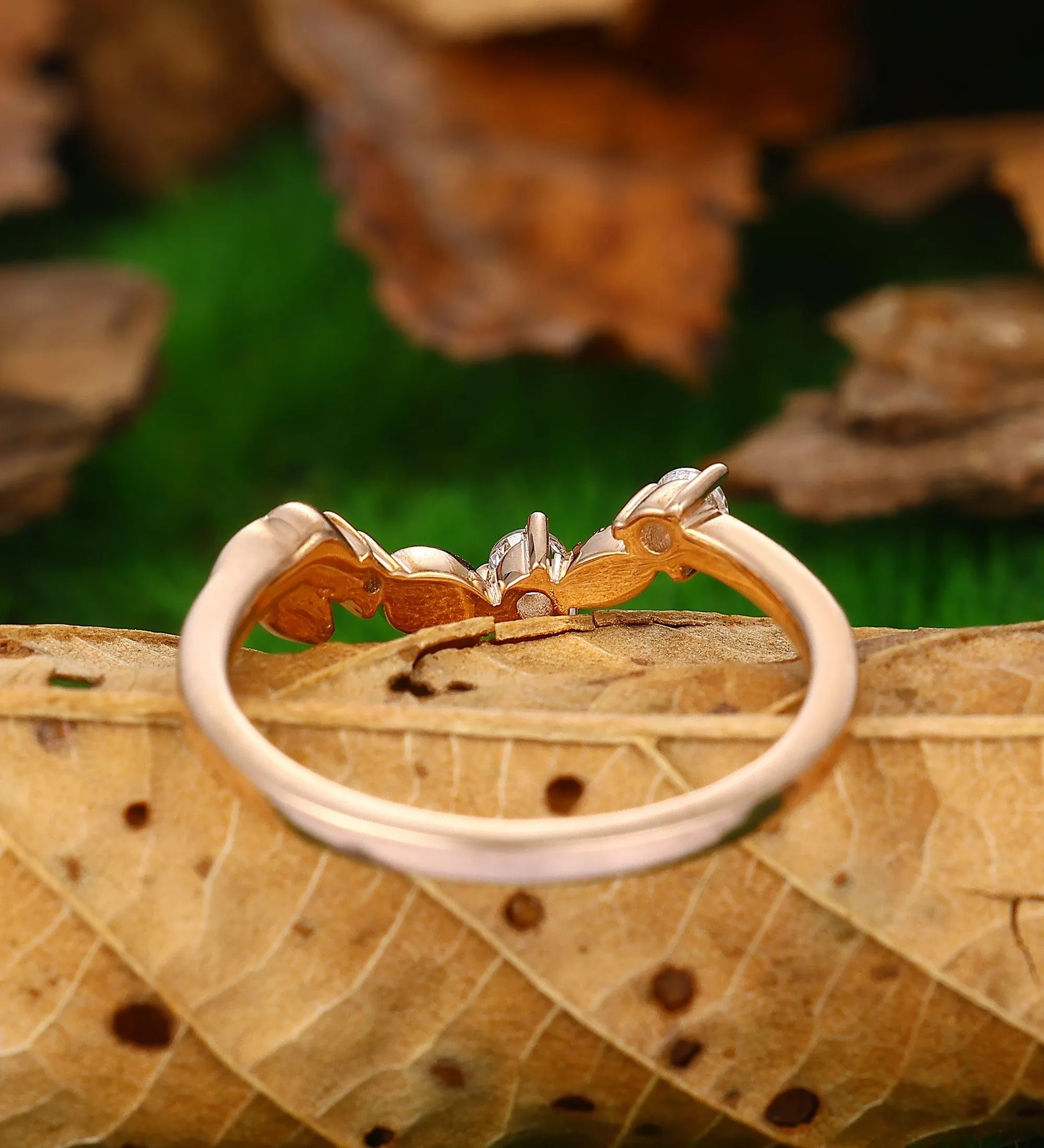 unique stacking matching 14 rose gold moissanite wedding ring curved v shaped  leaf moissanite  ring