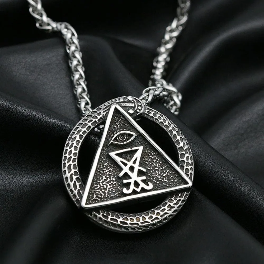 Unique Vintage Pendant Necklace with Satan, Lucifer, and Cross Design
