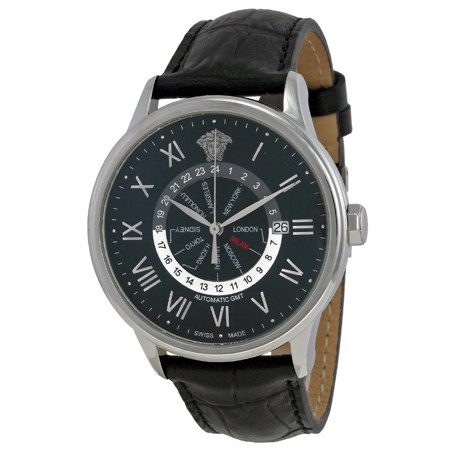 Versace Business Automatic GMT Black Dial Black Leather Men's Watch 3DA99D008-S009