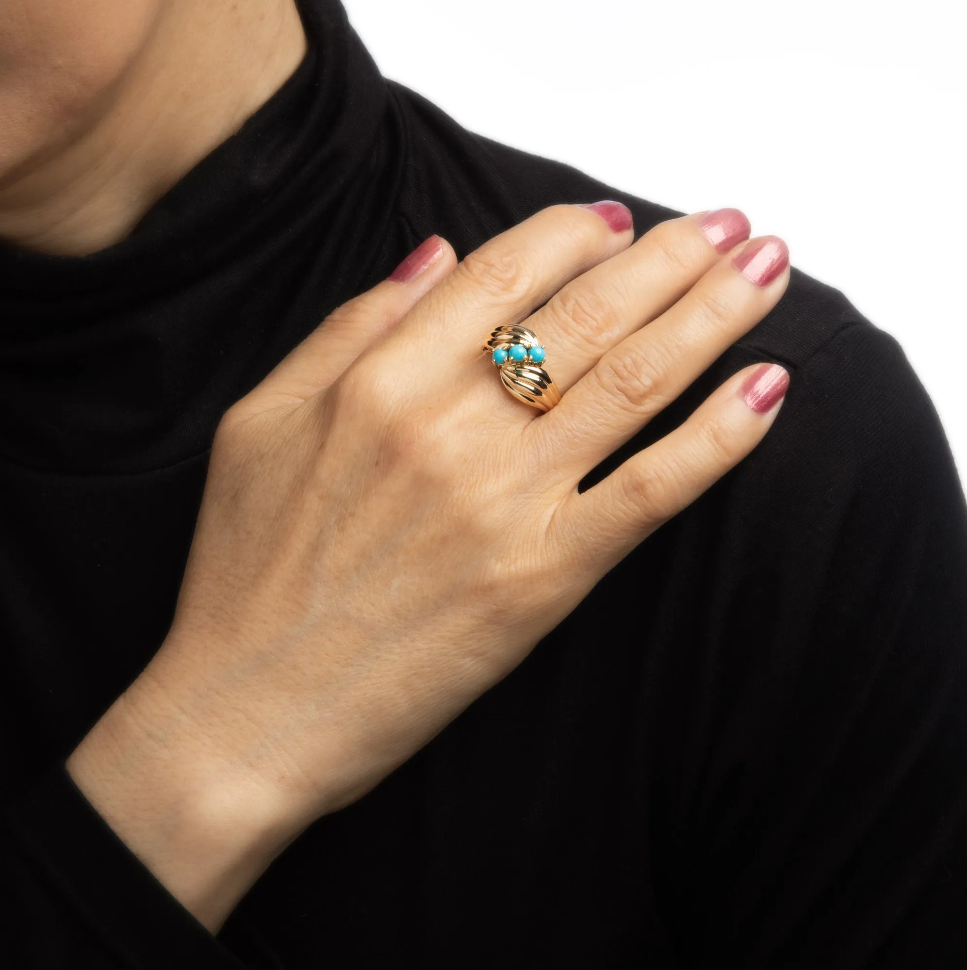 Vintage 3 Stone Turquoise Ring 14k Yellow Gold Sz 6 Estate Fine Jewelry Band