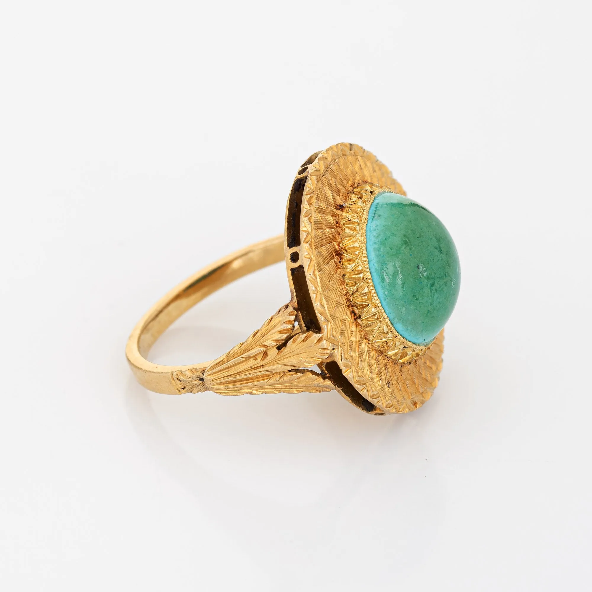 Vintage 60s Turquoise Ring 18k Yellow Gold Round Cocktail Fine Jewelry Sz 6