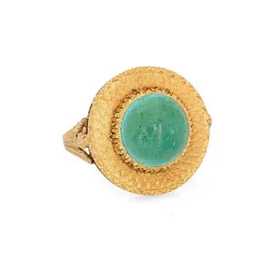 Vintage 60s Turquoise Ring 18k Yellow Gold Round Cocktail Fine Jewelry Sz 6