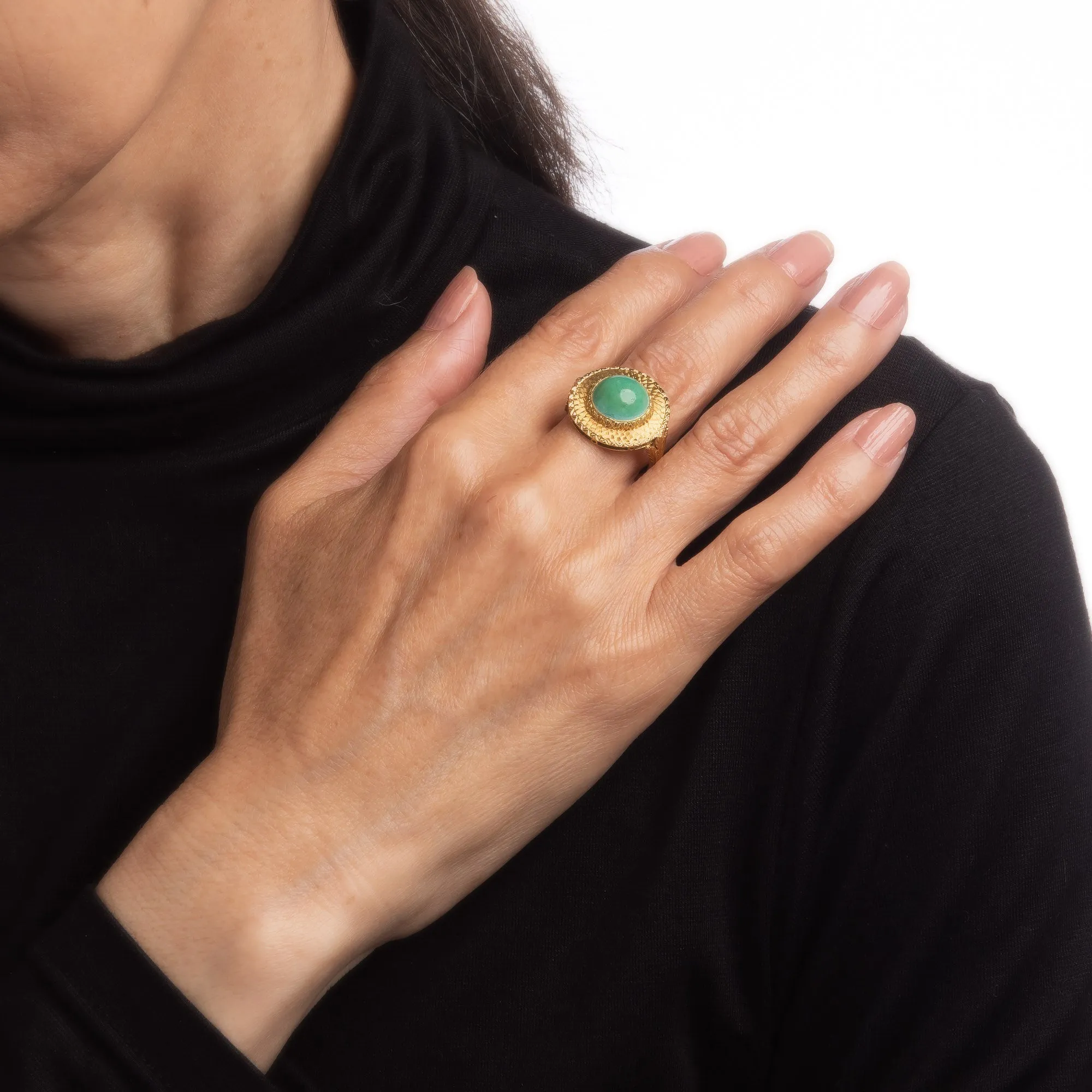 Vintage 60s Turquoise Ring 18k Yellow Gold Round Cocktail Fine Jewelry Sz 6