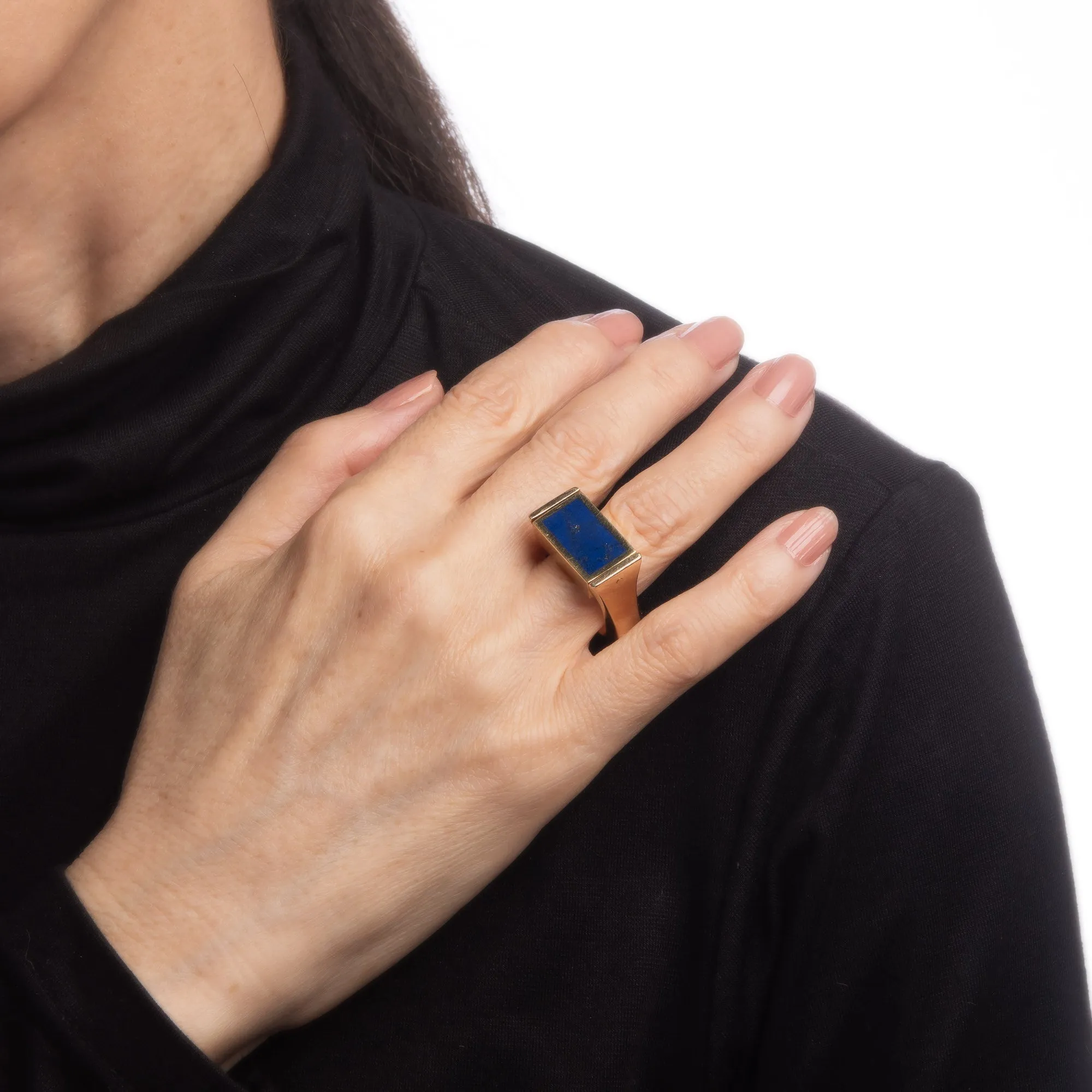 Vintage 70s Flip Ring Jade Lapis Lazuli 14k Yellow Gold Square Band Sz 6.5
