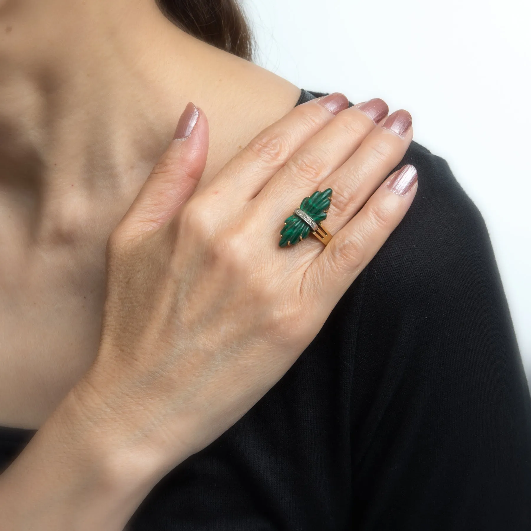Vintage 70s Fluted Malachite Diamond Ring 14k Yellow Gold Estate Fine Jewelry