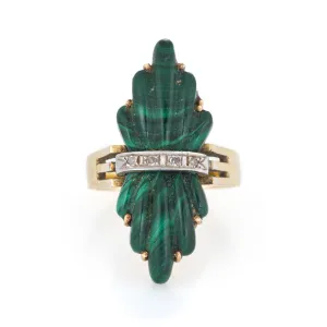 Vintage 70s Fluted Malachite Diamond Ring 14k Yellow Gold Estate Fine Jewelry