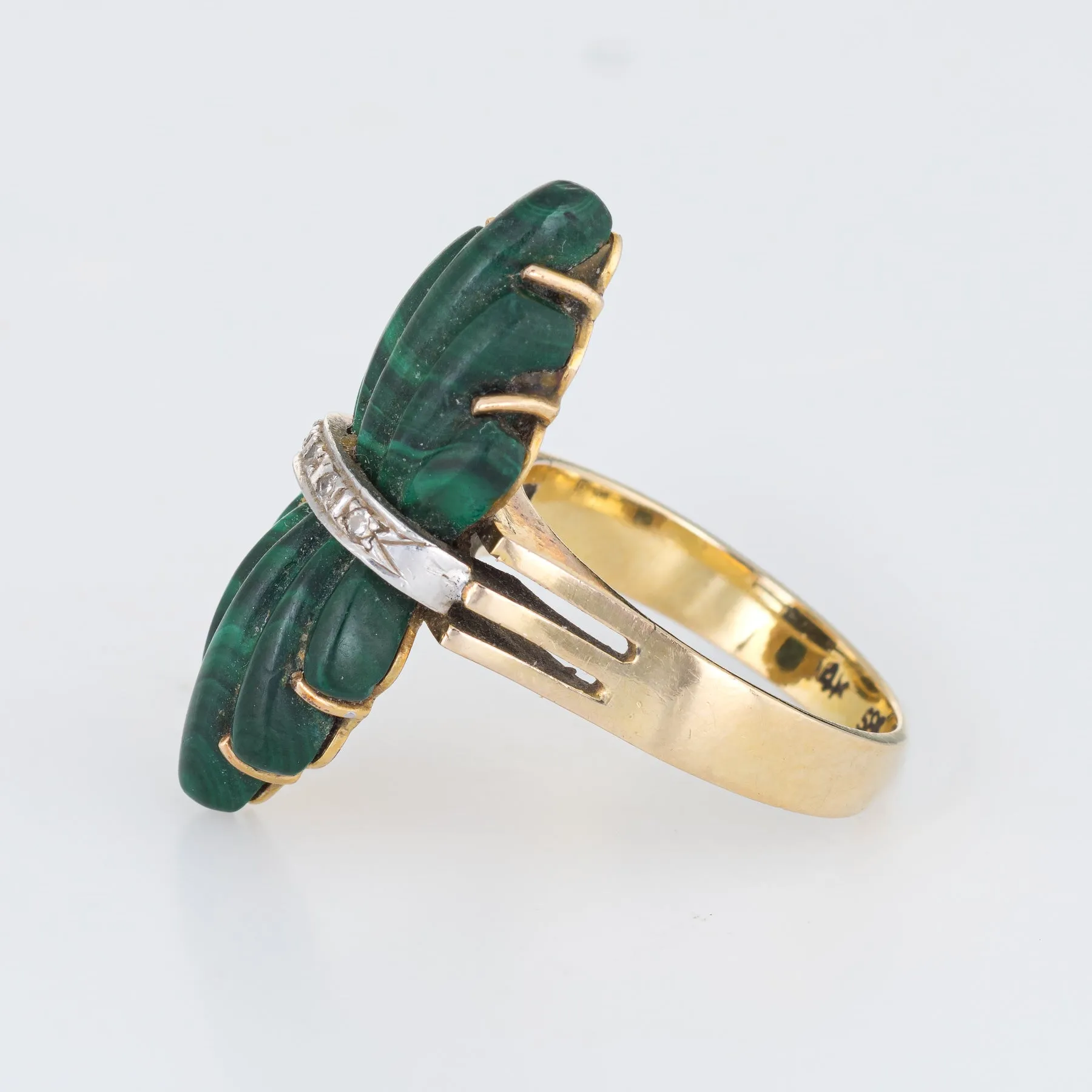 Vintage 70s Fluted Malachite Diamond Ring 14k Yellow Gold Estate Fine Jewelry