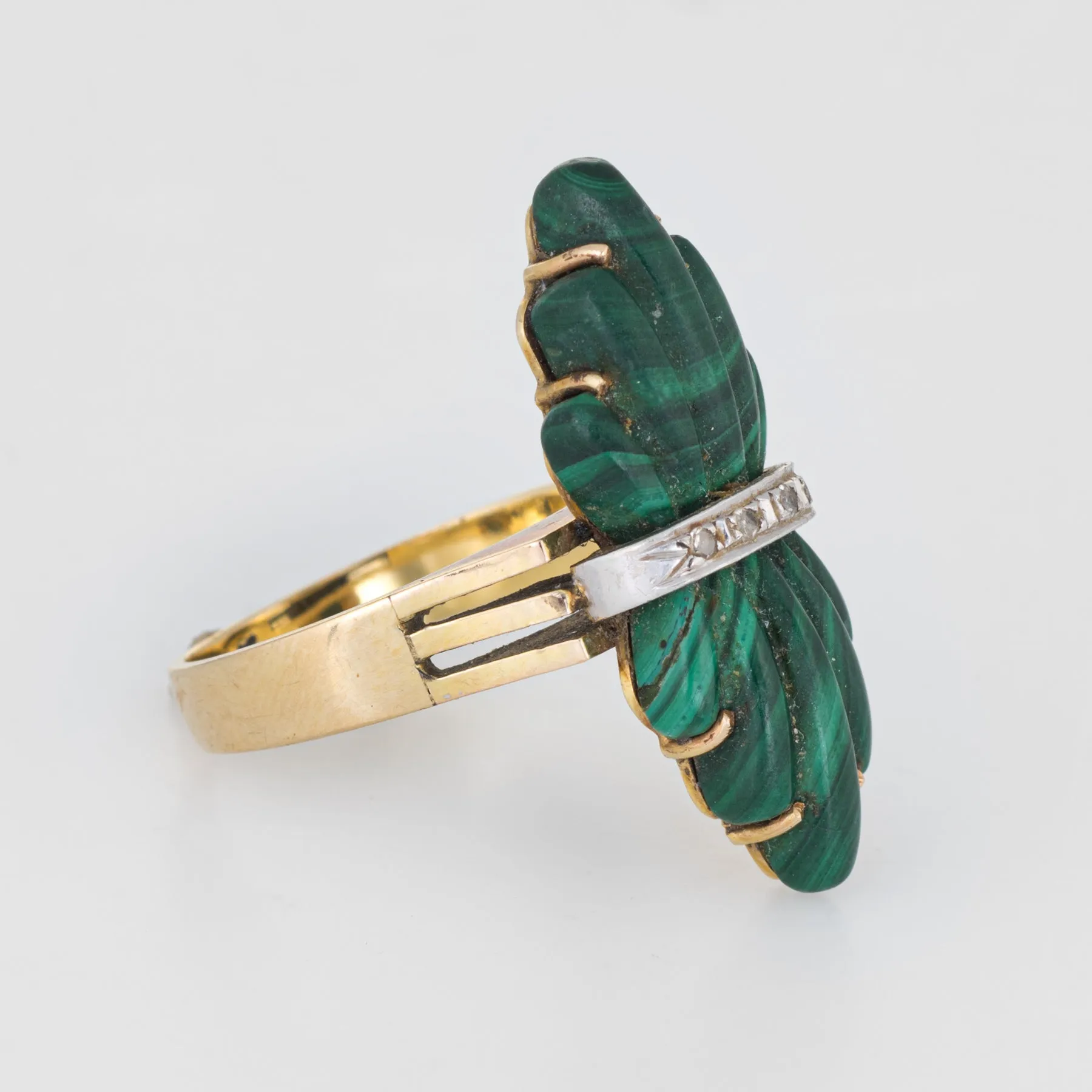 Vintage 70s Fluted Malachite Diamond Ring 14k Yellow Gold Estate Fine Jewelry