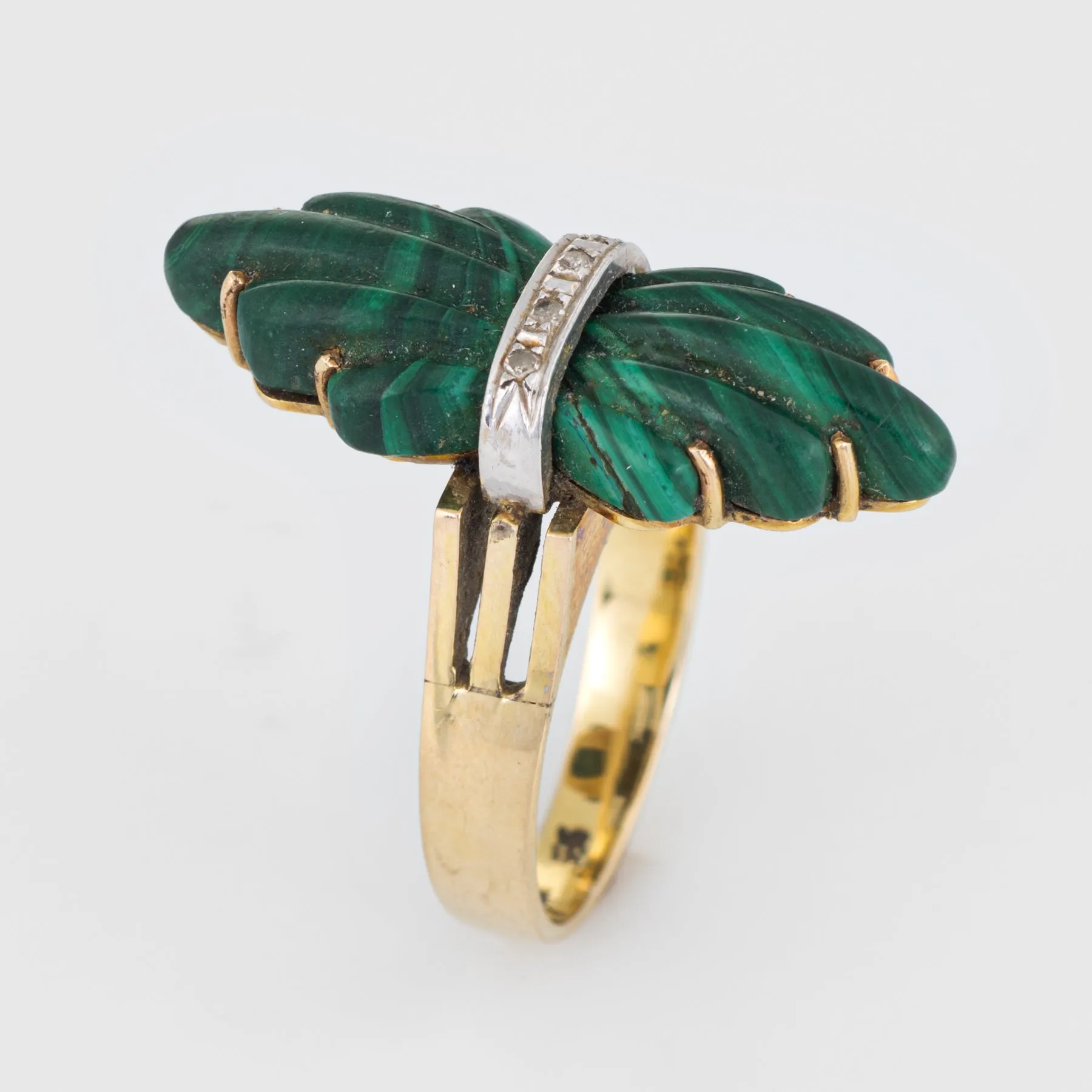 Vintage 70s Fluted Malachite Diamond Ring 14k Yellow Gold Estate Fine Jewelry