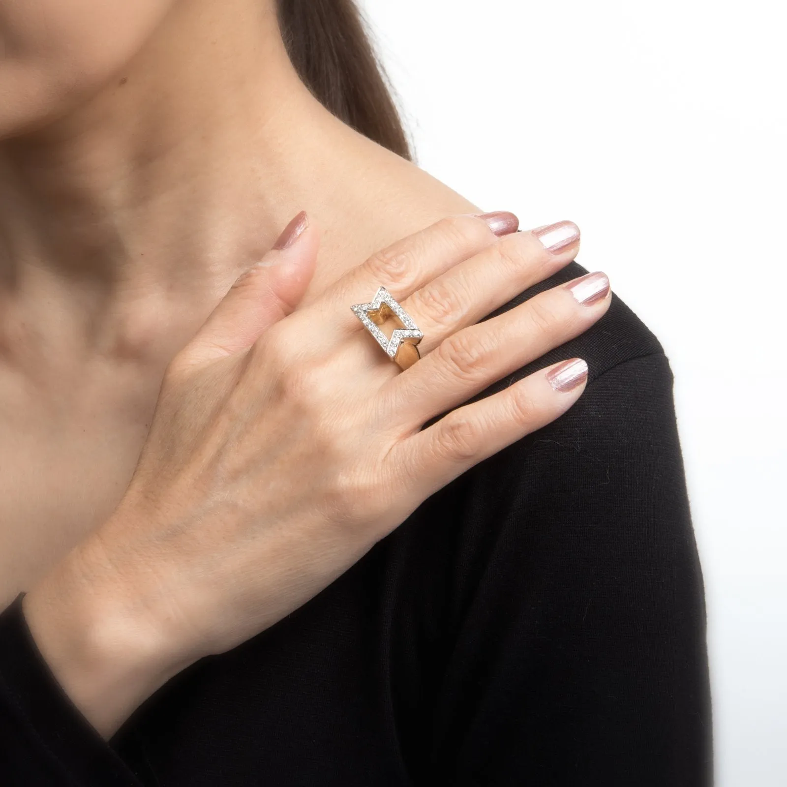 Vintage 80s Diamond Cocktail Ring 14k Yellow Gold East West Design Estate Sz 7