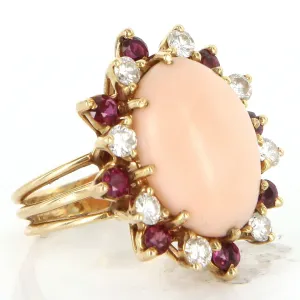 Vintage Angel Skin Coral Ruby Diamond Cocktail Ring 14k Yellow Gold Estate 6