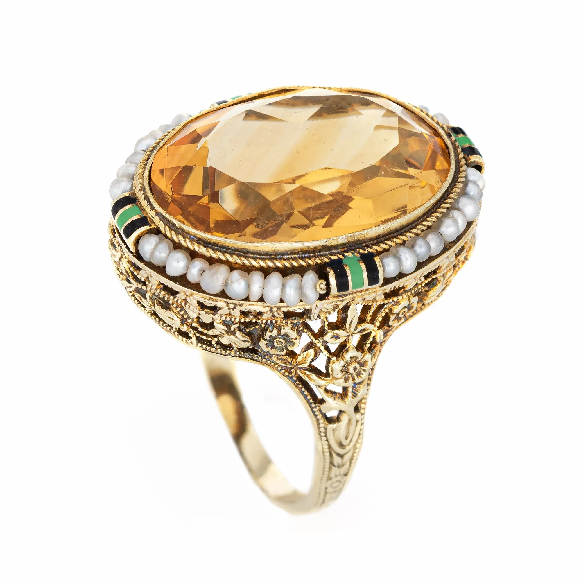 Vintage Art Deco Citrine Ring Enamel 14k Gold Filigree Cocktail Jewelry 6.25