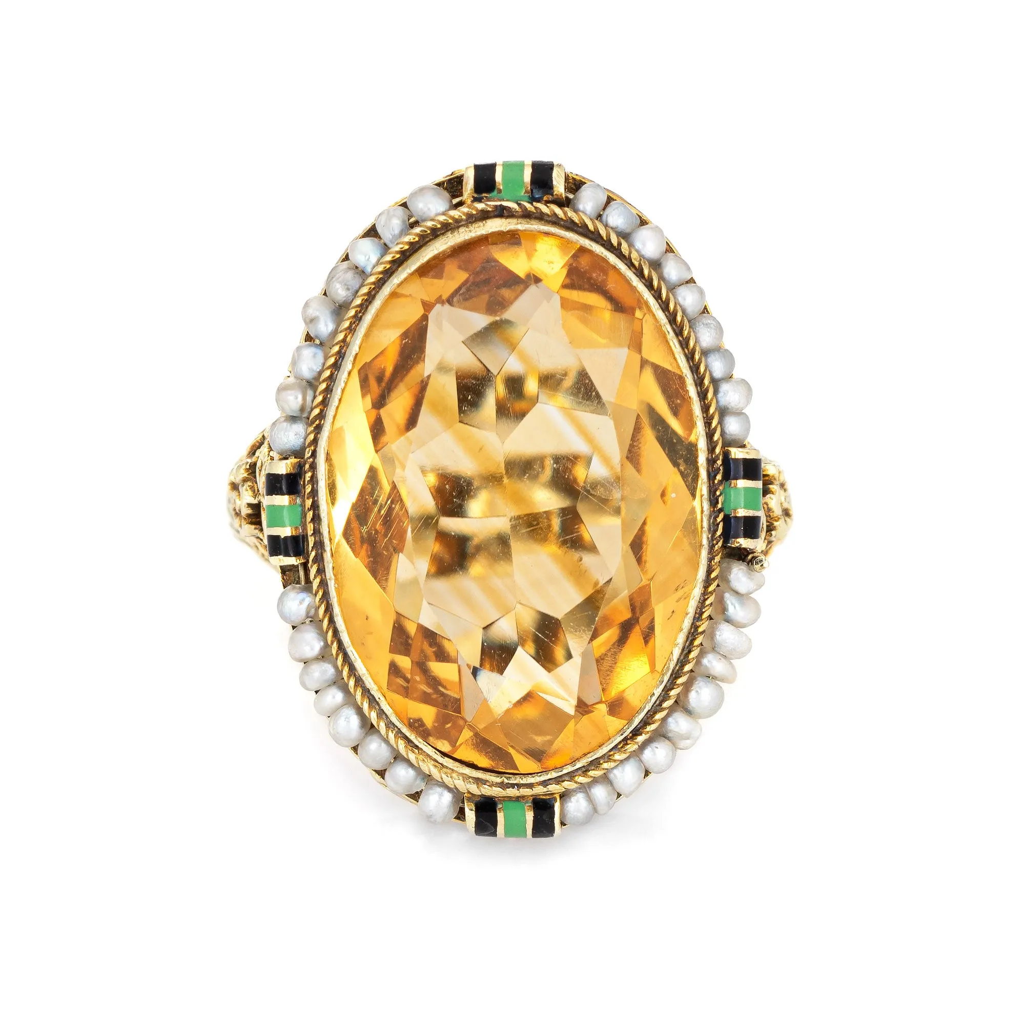 Vintage Art Deco Citrine Ring Enamel 14k Gold Filigree Cocktail Jewelry 6.25