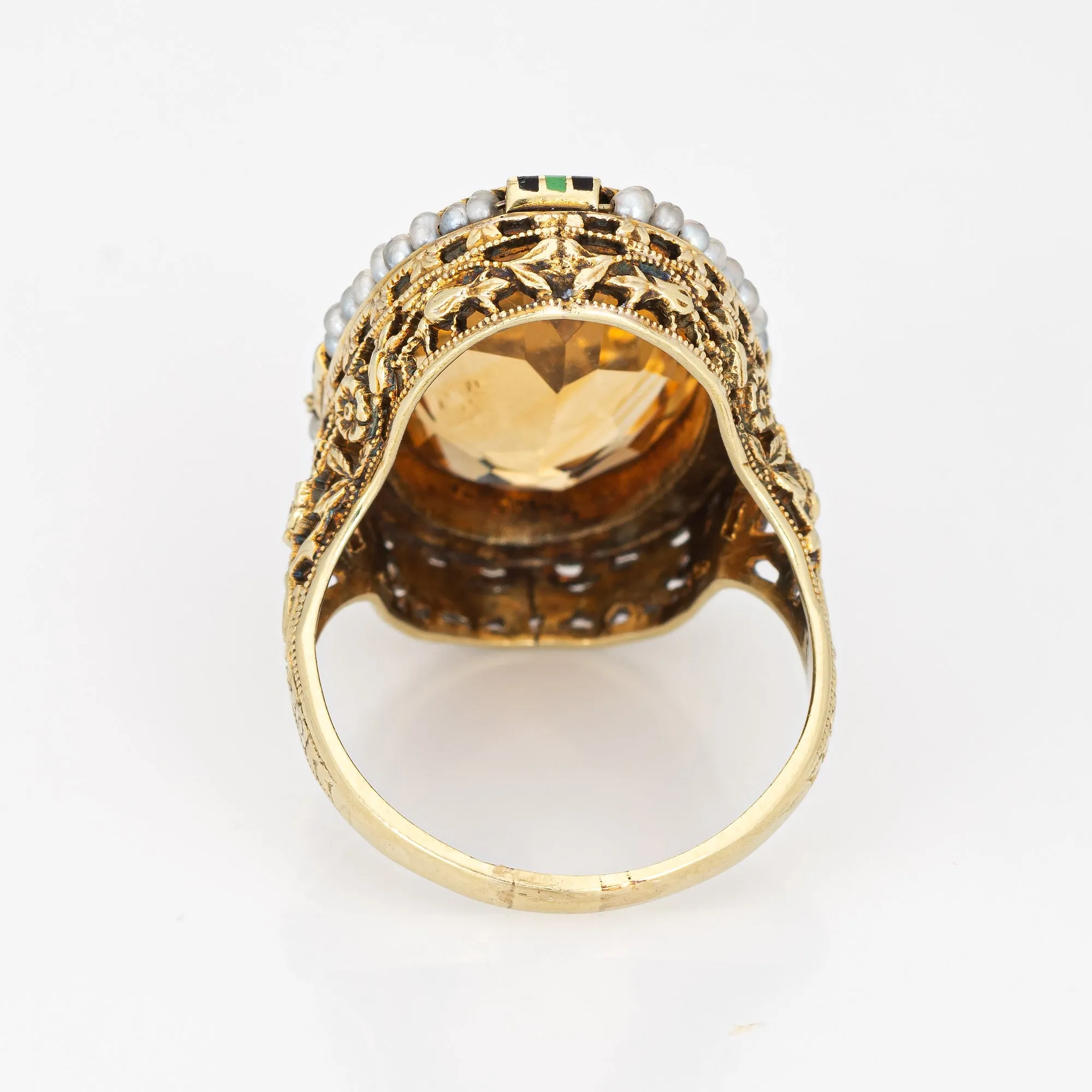 Vintage Art Deco Citrine Ring Enamel 14k Gold Filigree Cocktail Jewelry 6.25
