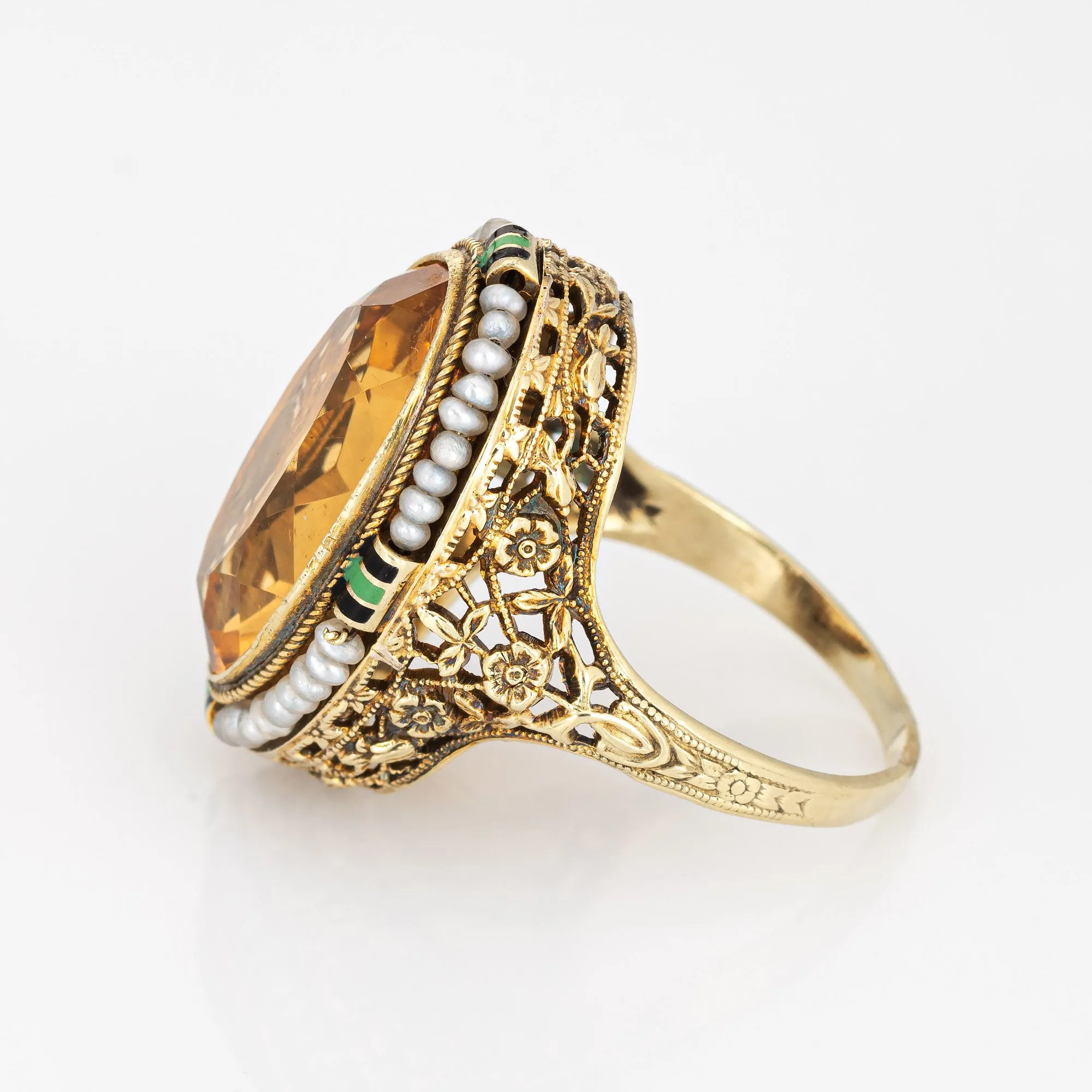 Vintage Art Deco Citrine Ring Enamel 14k Gold Filigree Cocktail Jewelry 6.25