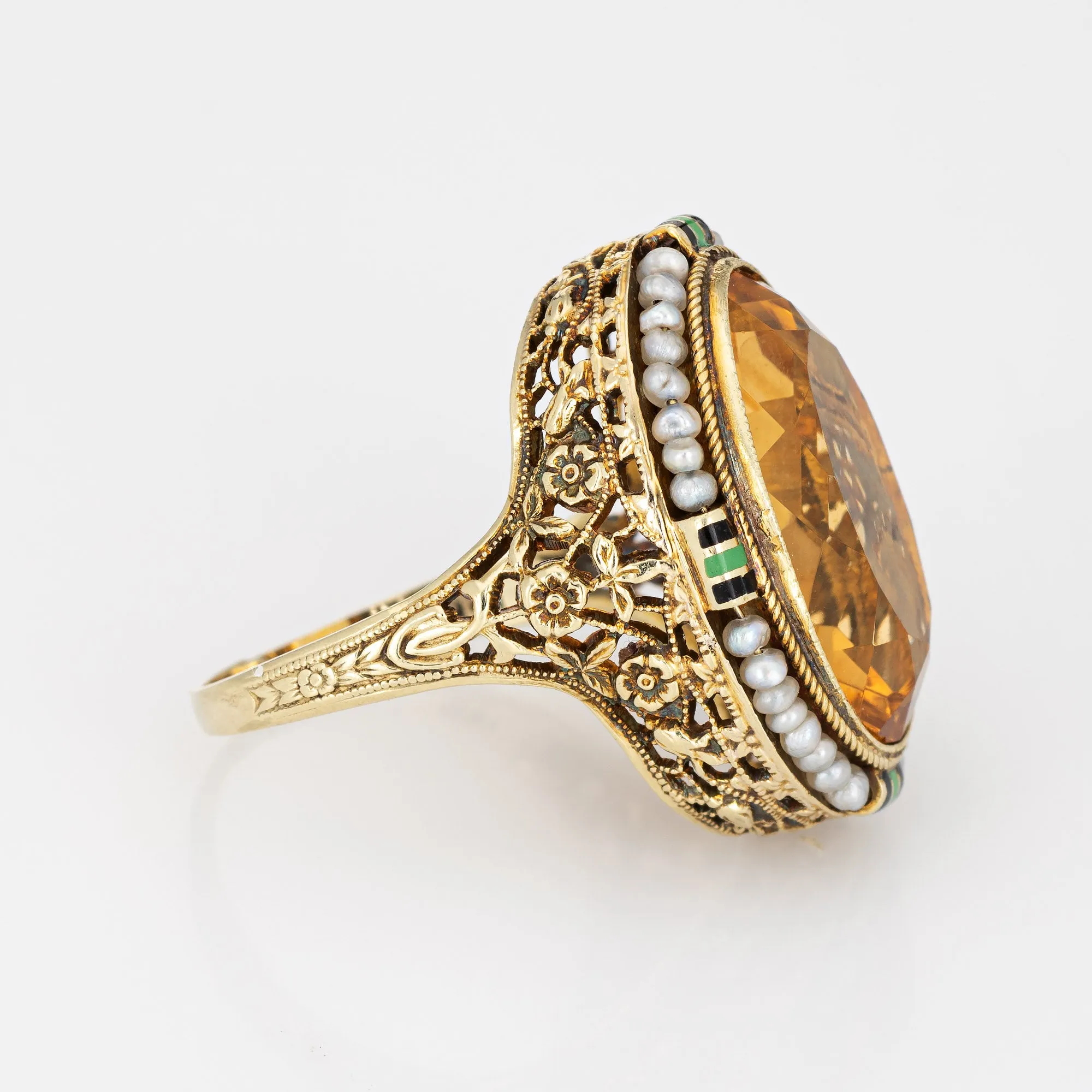 Vintage Art Deco Citrine Ring Enamel 14k Gold Filigree Cocktail Jewelry 6.25