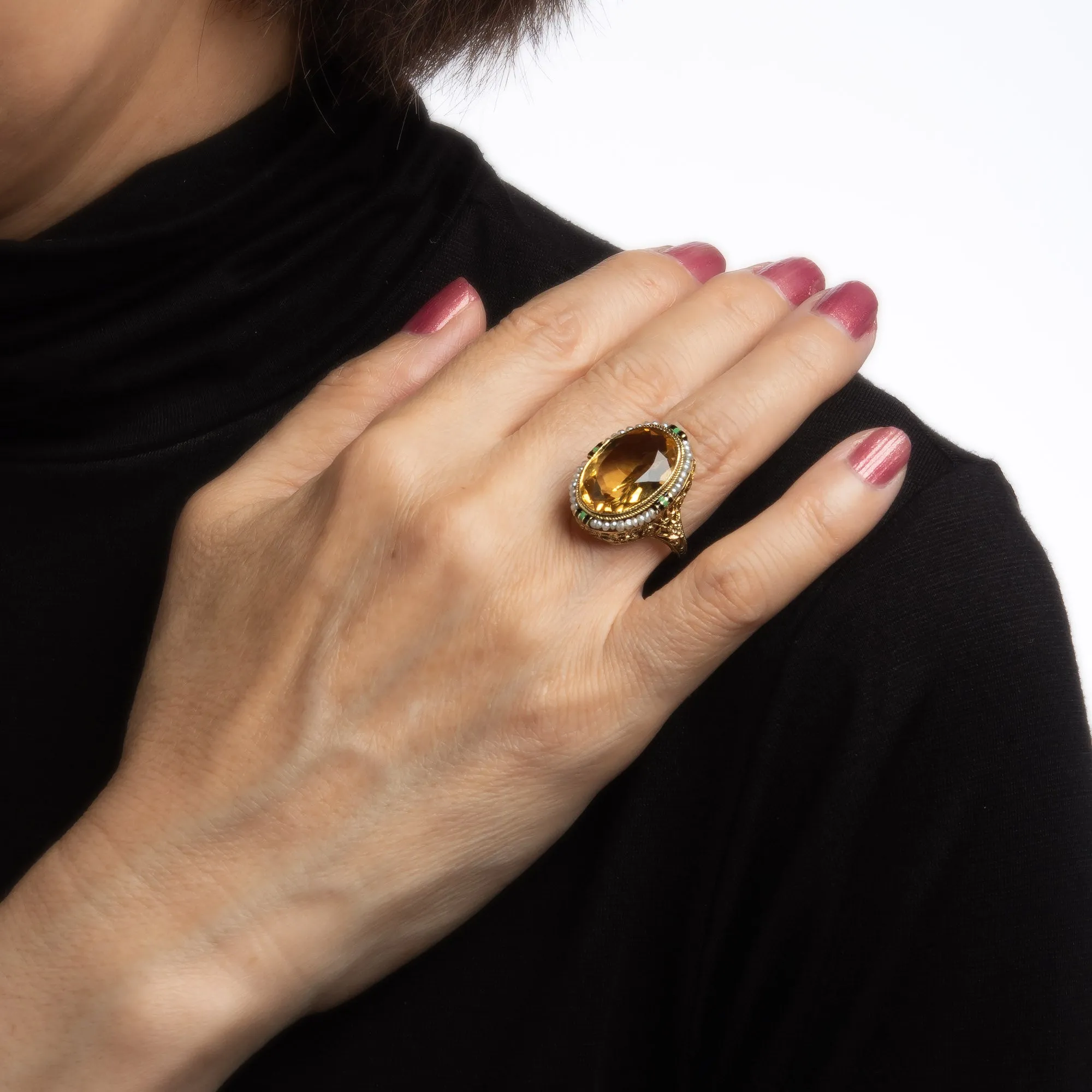 Vintage Art Deco Citrine Ring Enamel 14k Gold Filigree Cocktail Jewelry 6.25