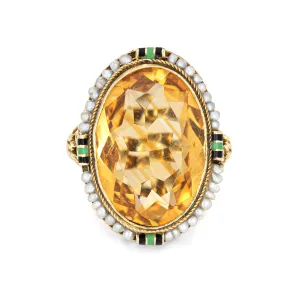 Vintage Art Deco Citrine Ring Enamel 14k Gold Filigree Cocktail Jewelry 6.25