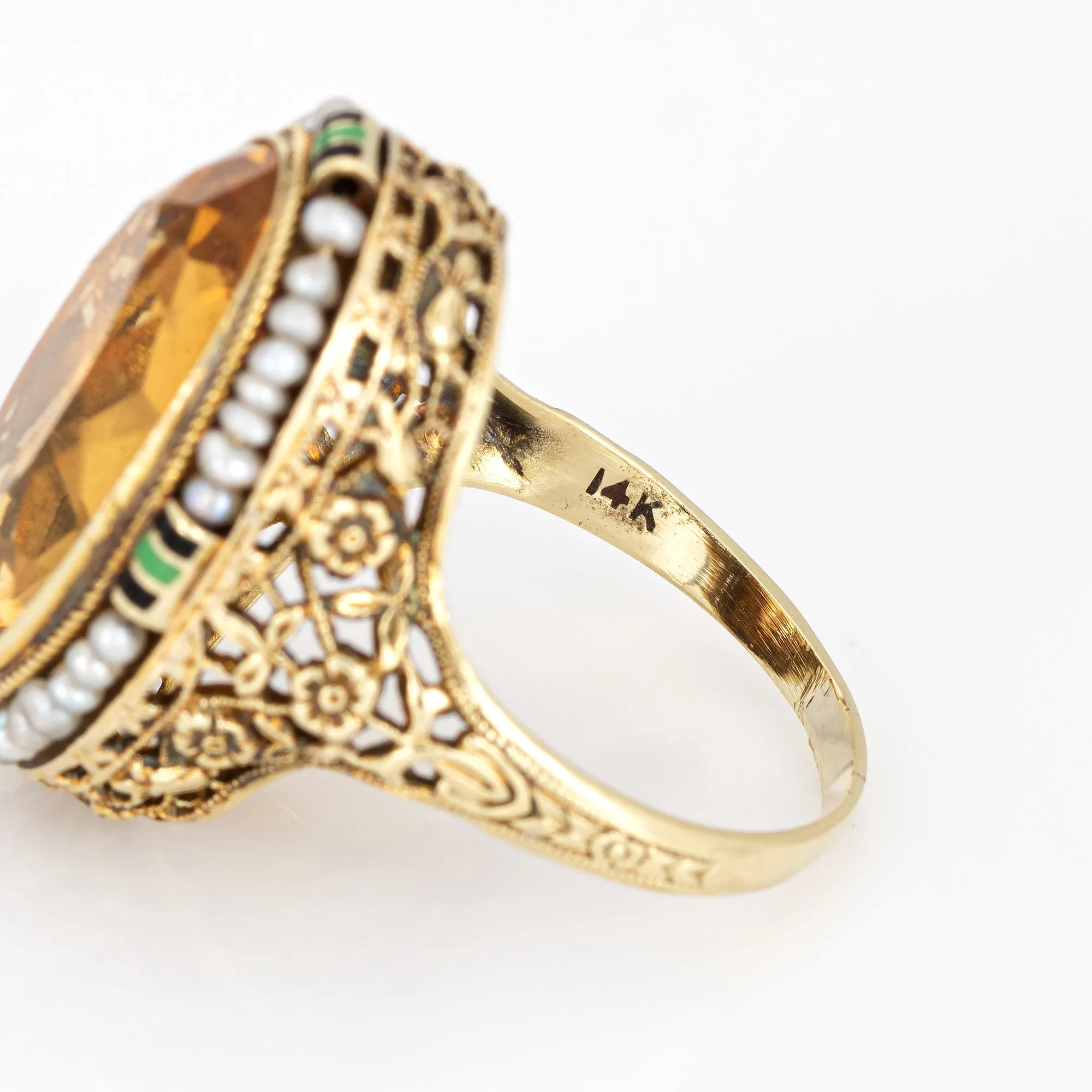 Vintage Art Deco Citrine Ring Enamel 14k Gold Filigree Cocktail Jewelry 6.25