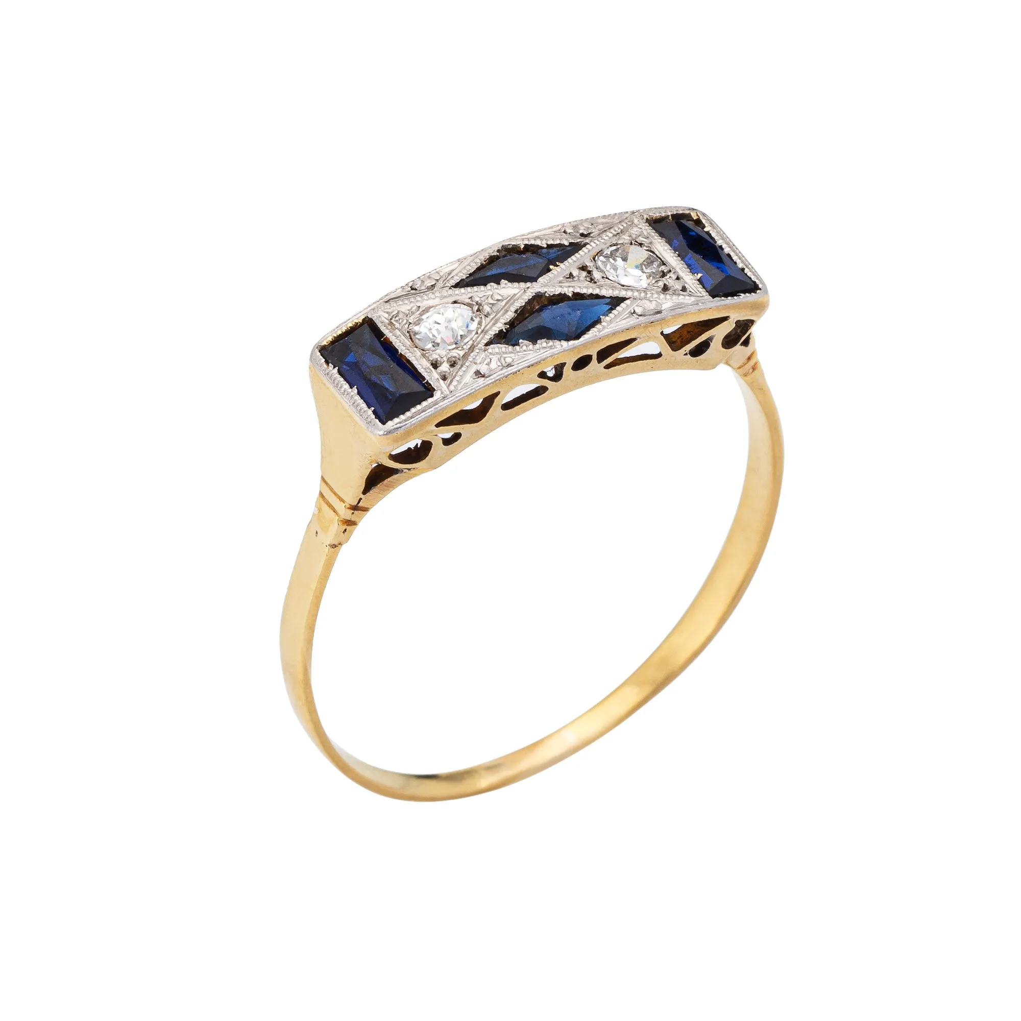 Vintage Art Deco Diamond Lab Sapphire Ring 18k Gold Platinum Band Fine Jewelry